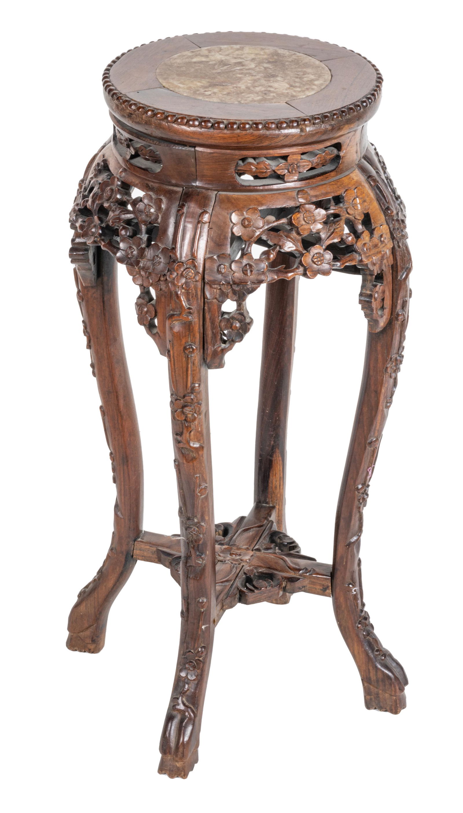 CHINESE SIDE TABLE WITH MARBLE INLAY TOP, H 28", DIA 13" (1 of 3)