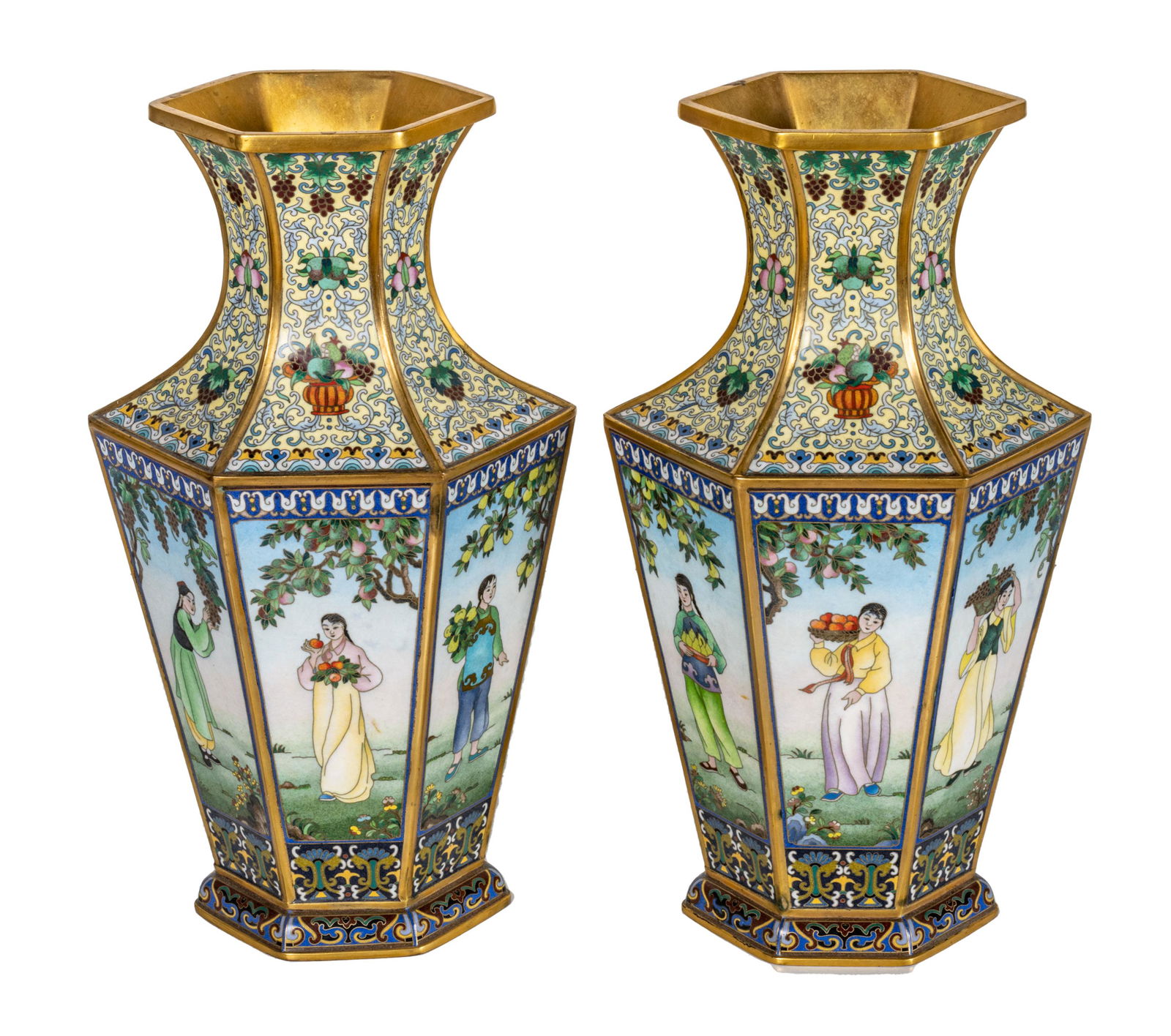CHINESE CLOISONNE OCTAGONAL VASES, PAIR, H 13.5", DIA 7.25" (1 of 5)