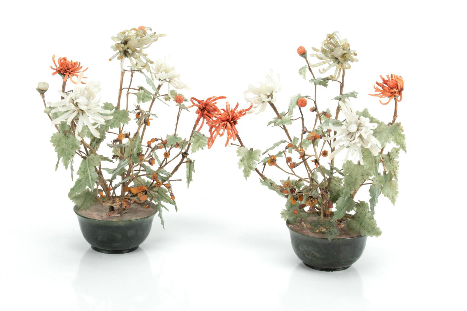 CHINESE CARVED HARDSTONE FLOWER BOUQUETS, PAIR, H 14", W 12" (1 of 4)