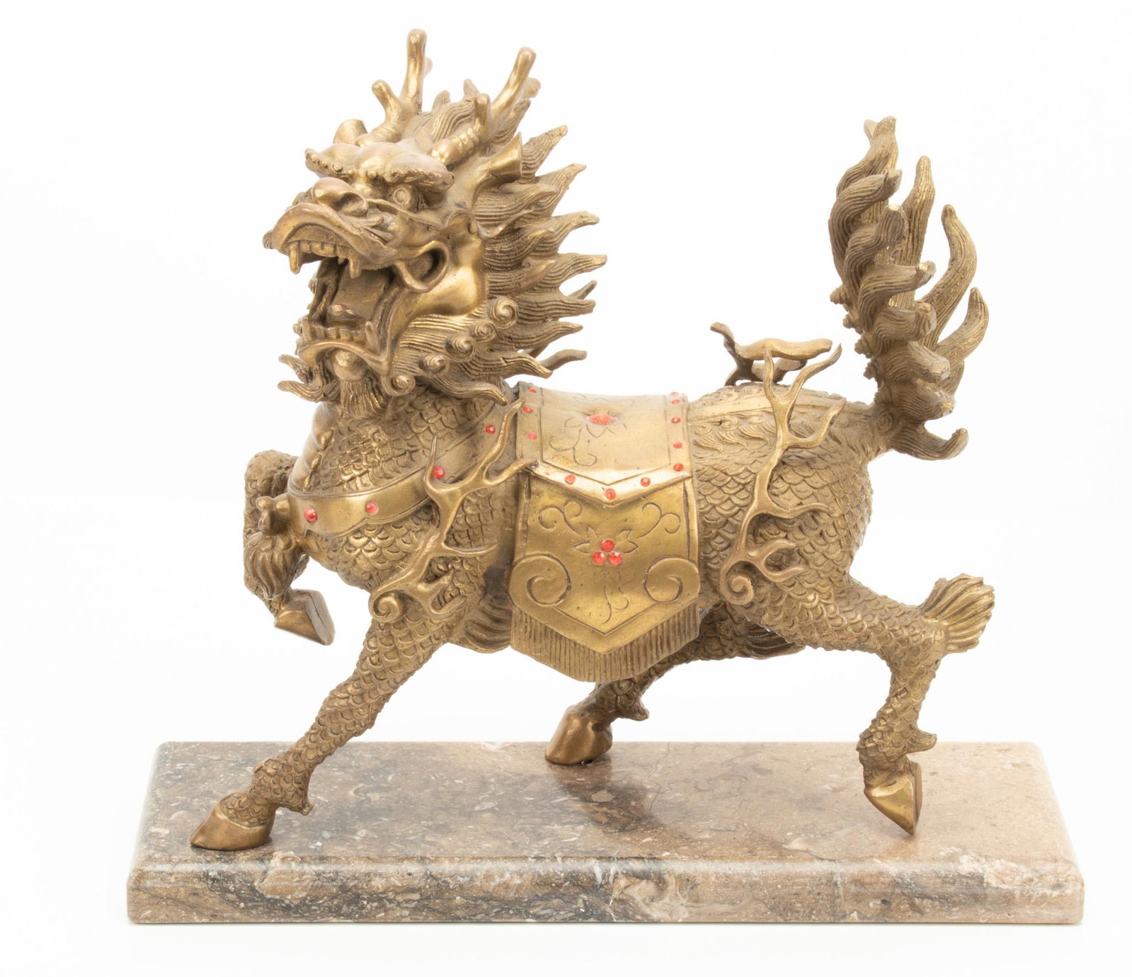 TIBETAN GILT BRONZE KYLIN DRAGON, H 10", W 9.5": TIBETAN GILT BRONZE KYLIN DRAGON, H 10", W 9.5" Depth 4". On marble base measuring 11" height overall.