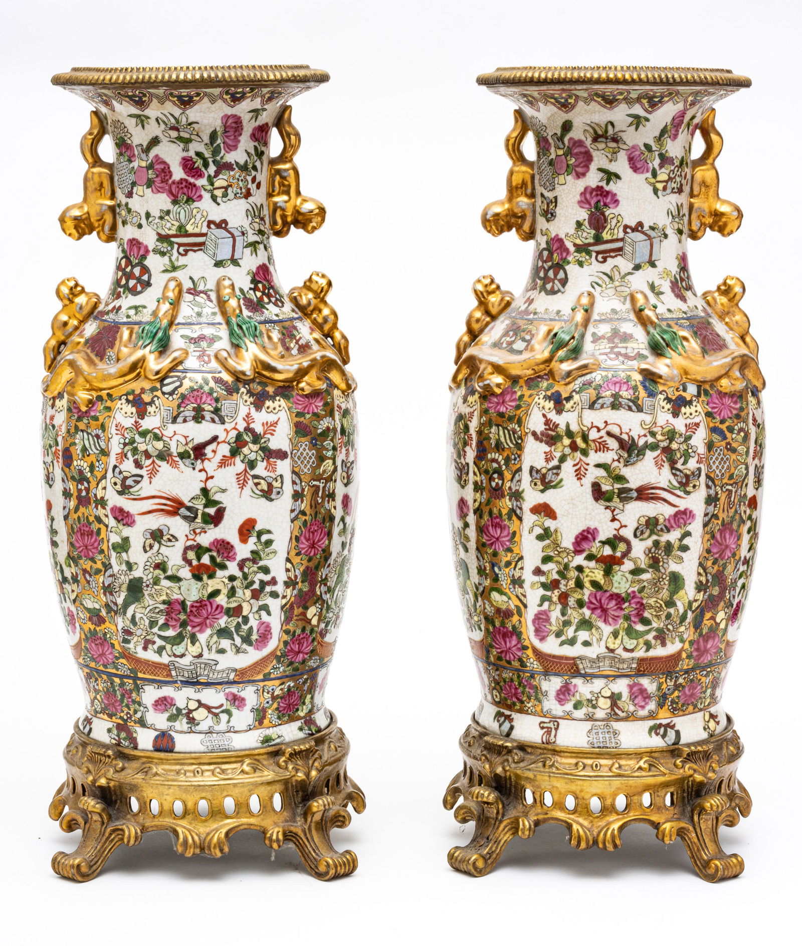 CHINESE ROSE MEDALLION PORCELAIN VASES, BRONZE RIMS & BASES, PAIR, H 22" DIA 9" (1 of 7)