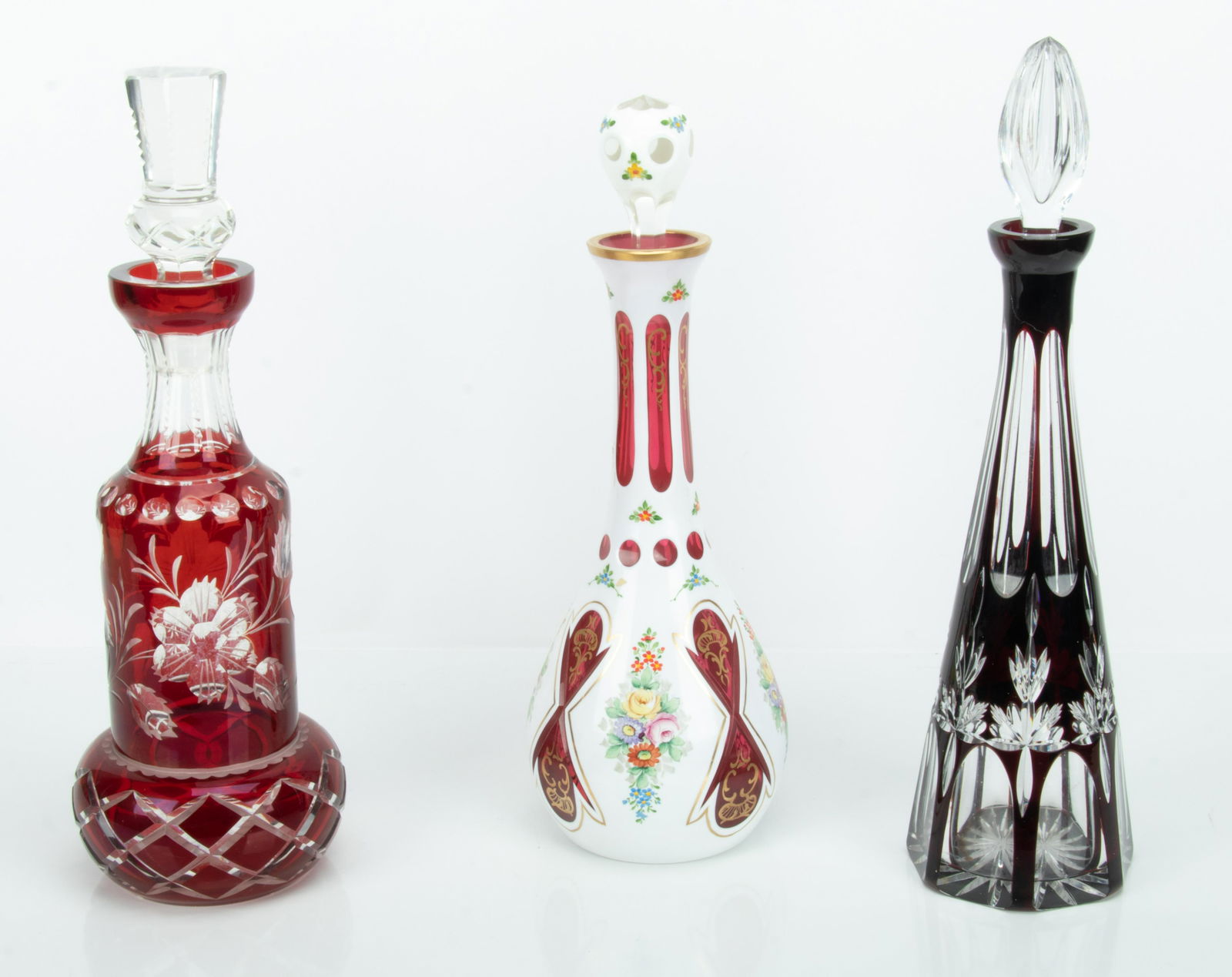 BOHEMIAN GLASS DECANTERS, C. 1900, 3 PCS., H 15"-17" (1 of 3)