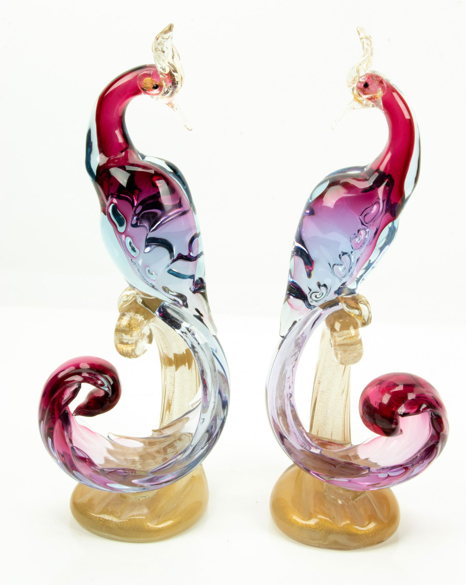 MURANO BLOWN GOLD AND CRANBERRY GLASS PHOENIX BIRDS, PAIR H 14" (1 of 4)