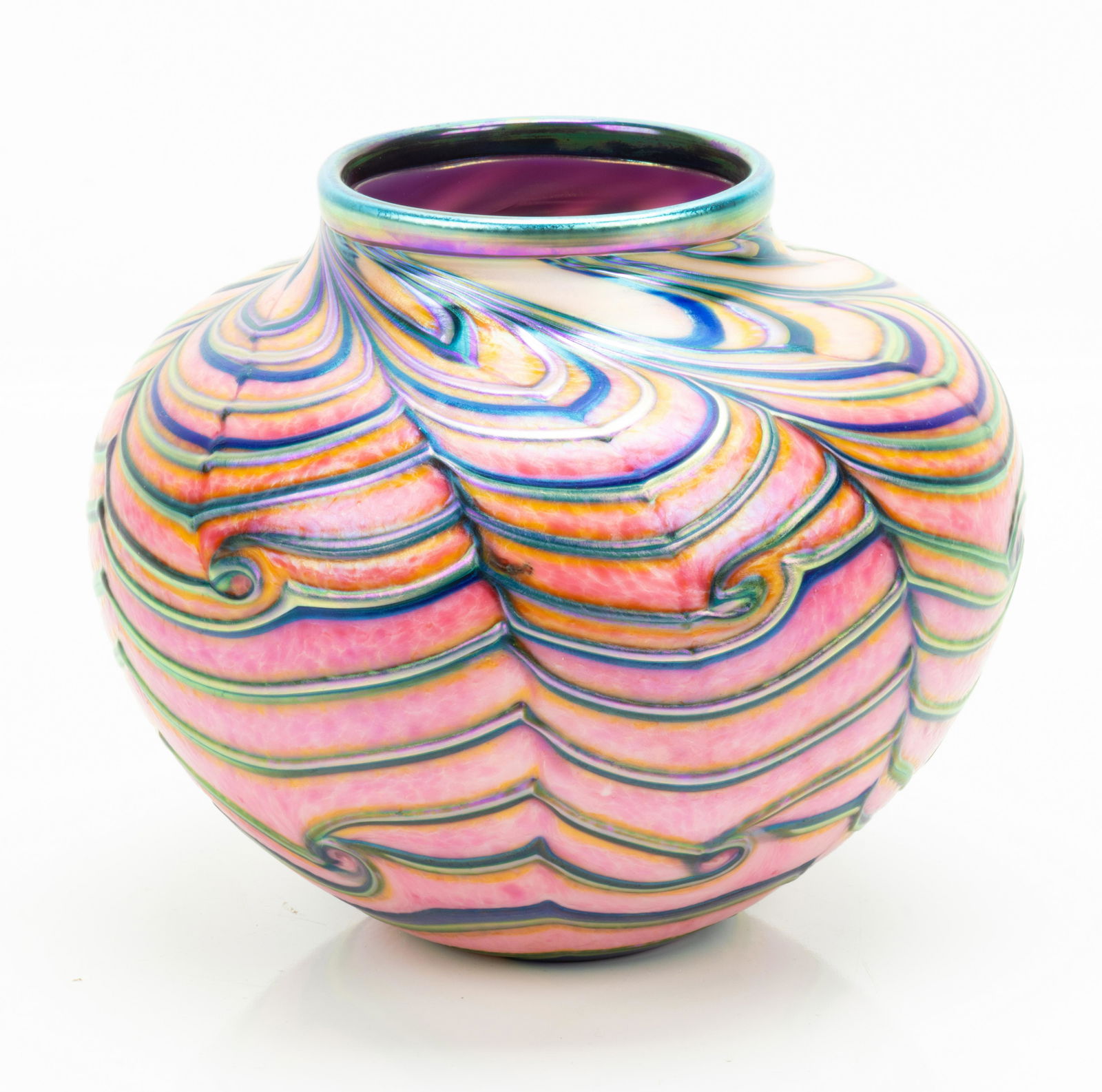 DANIEL LOTTON AMERICAN ART GLASS VASE, 1994, H 4.75", DIA 5.75" (1 of 3)