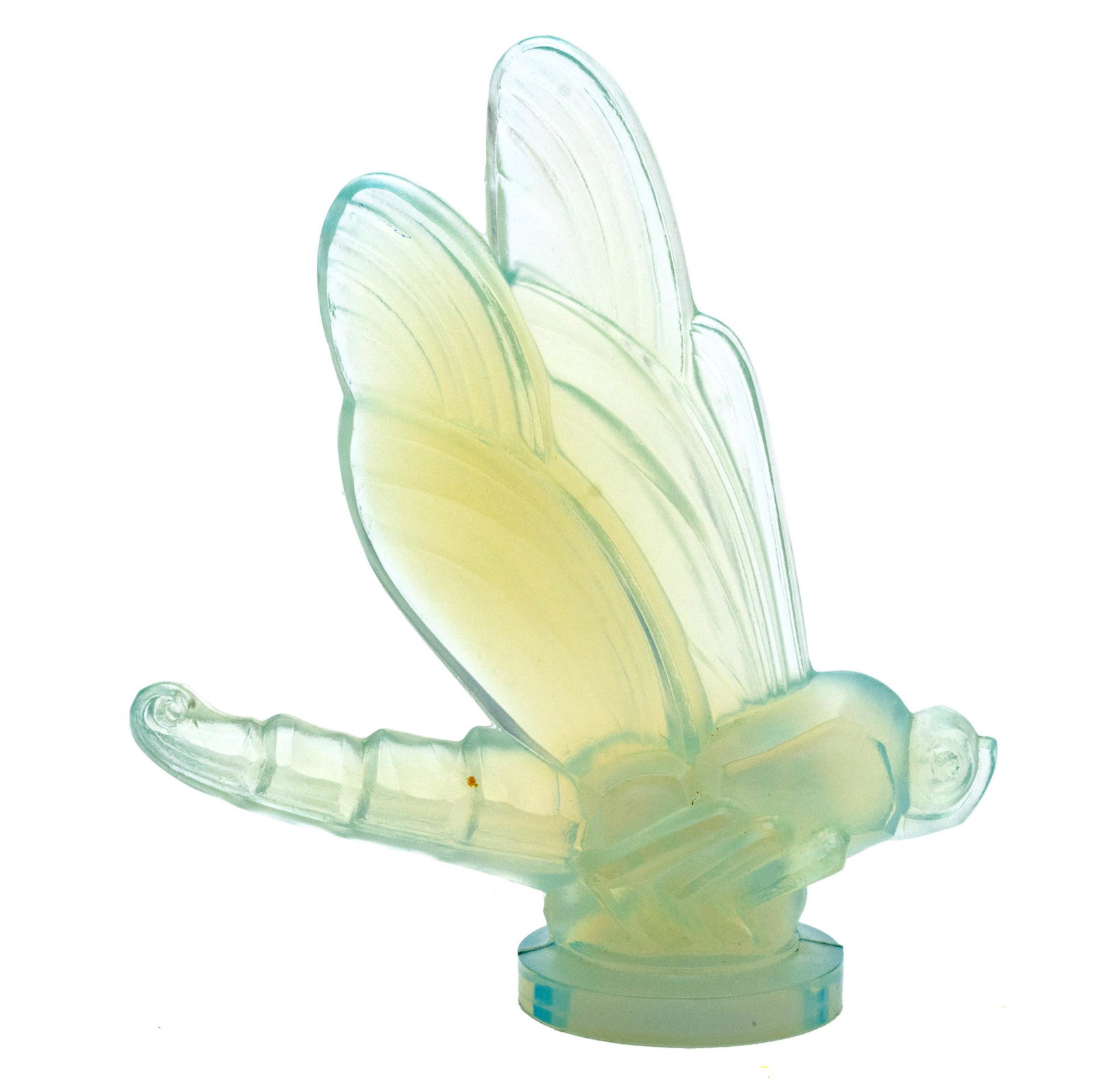 SABINO GLASS, PARIS, DRAGONFLY MASCOT H 6" L 5": SABINO GLASS, PARIS, DRAGONFLY MASCOT H 6" L 5" Opalescent glass. Signed twice, once in script. From an early automobile hood ornament design.