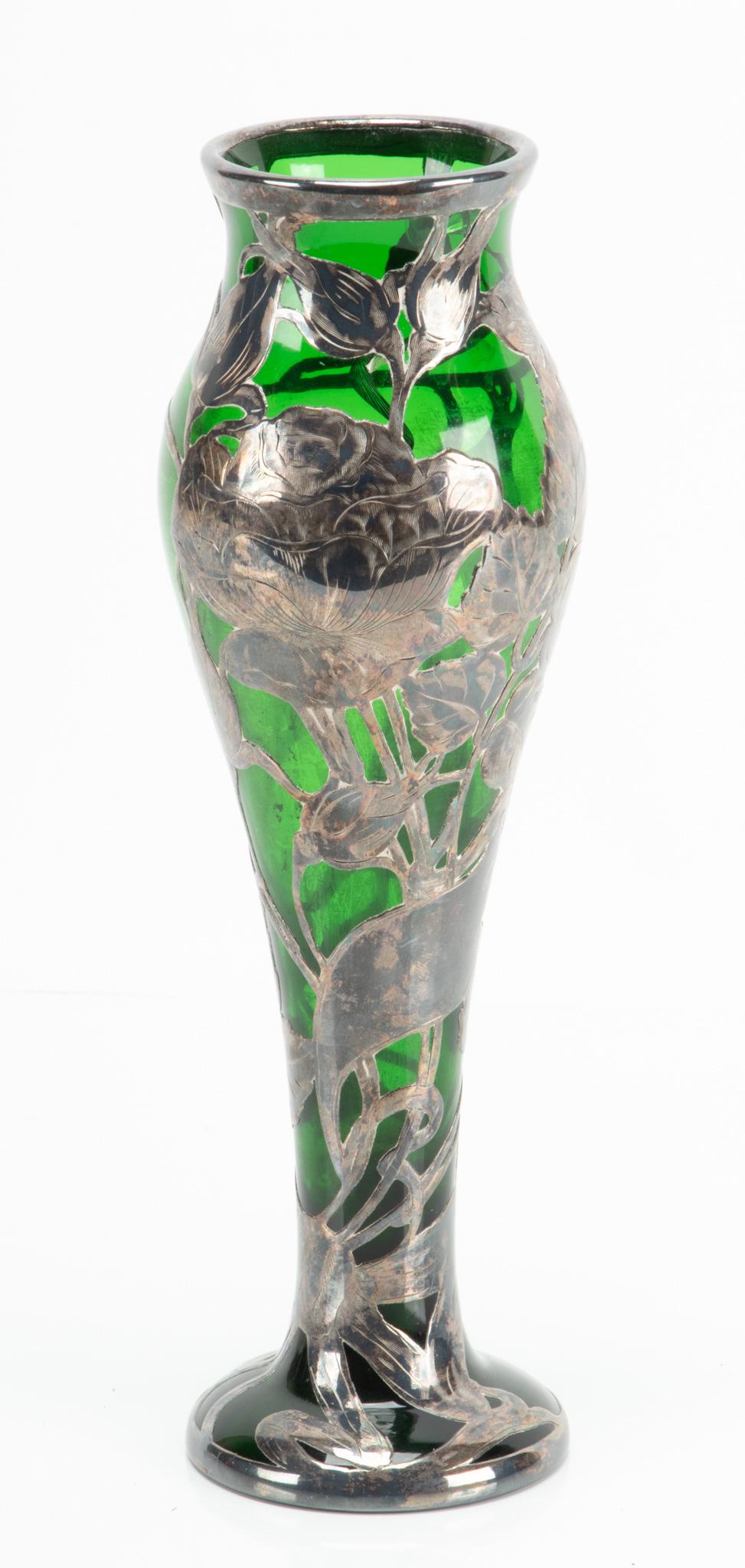ART NOUVEAU GREEN CRYSTAL, STERLING OVERLAY VASE CIRCA 1920, H 10" D 3" (1 of 5)