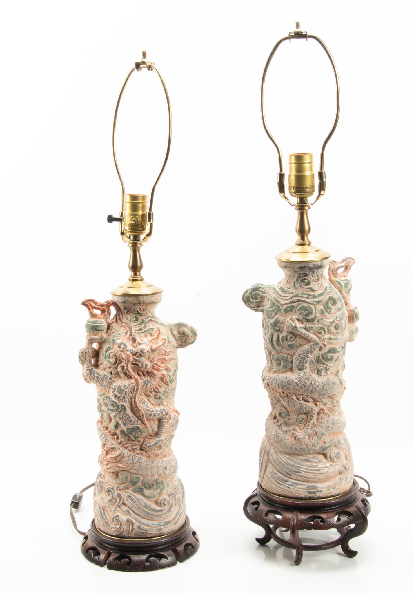 PAIR OF CHINESE CERAMIC AND WOOD TABLE LAMPS,  H 30" OVERALL, DIA 6.5" (1 of 2)