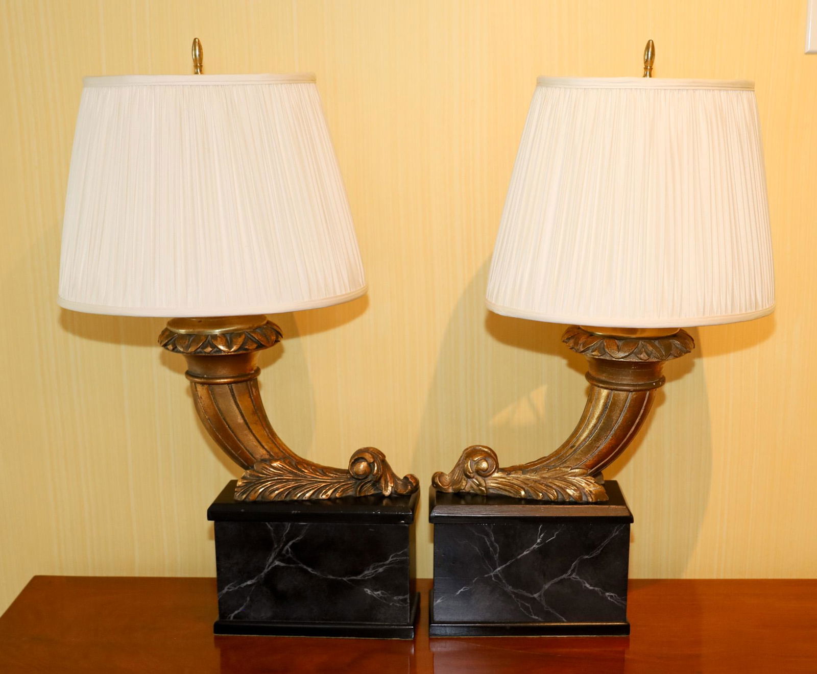 MODERN CORNUCOPIA STYLE TABLE LAMPS, PAIR, H 28", L 15" (1 of 3)