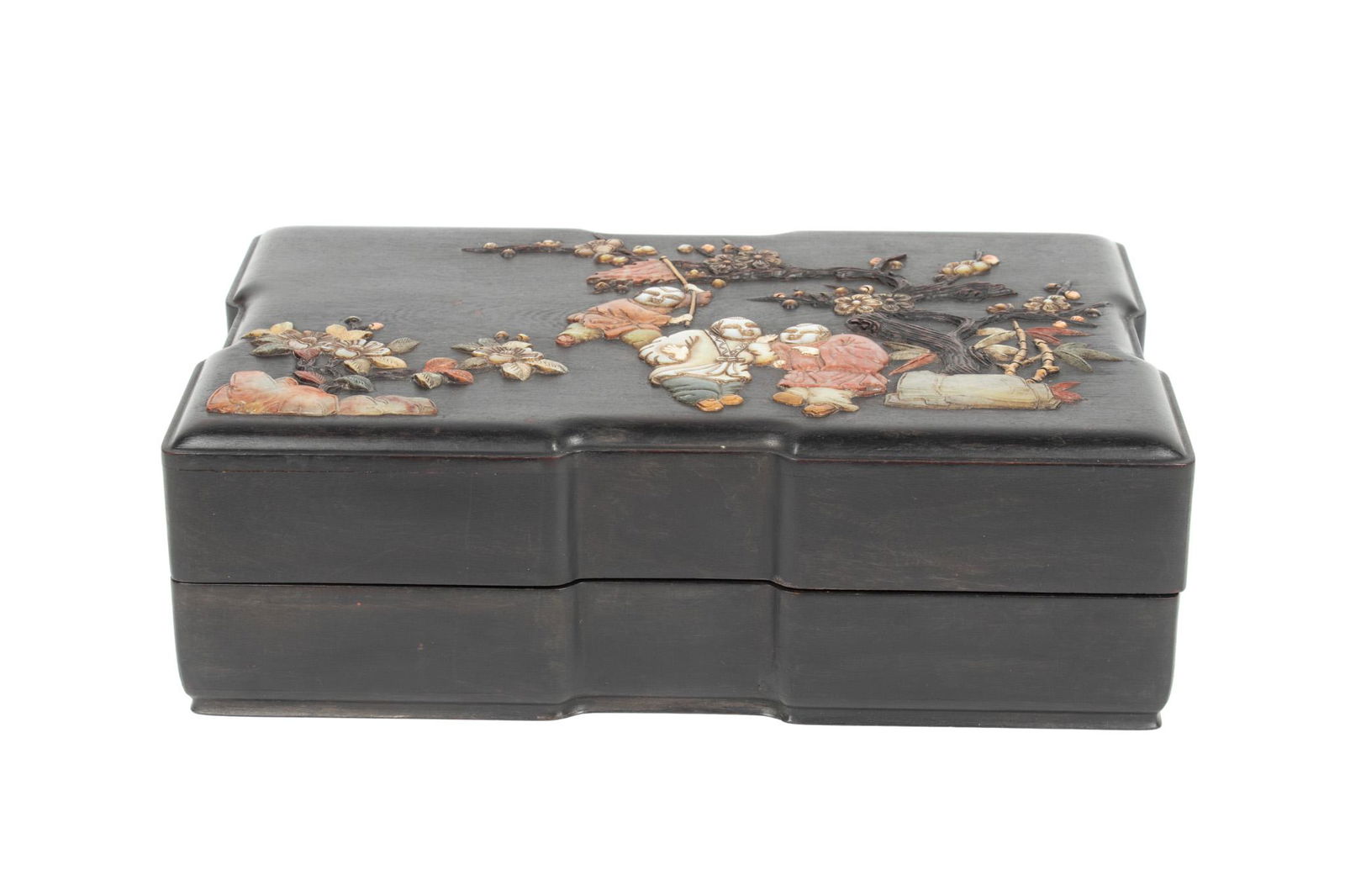CHINESE ZITAN WOOD & STONE BOX, W 7", L 11.75 (1 of 4)