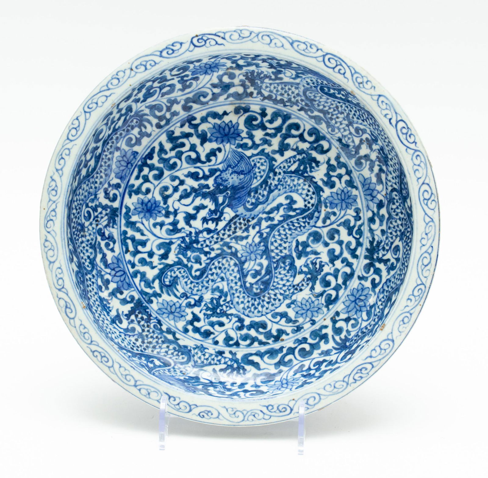 CHINESE BLUE & WHITE PORCELAIN BOWL, H 2.5", DIA 10.75" (1 of 3)