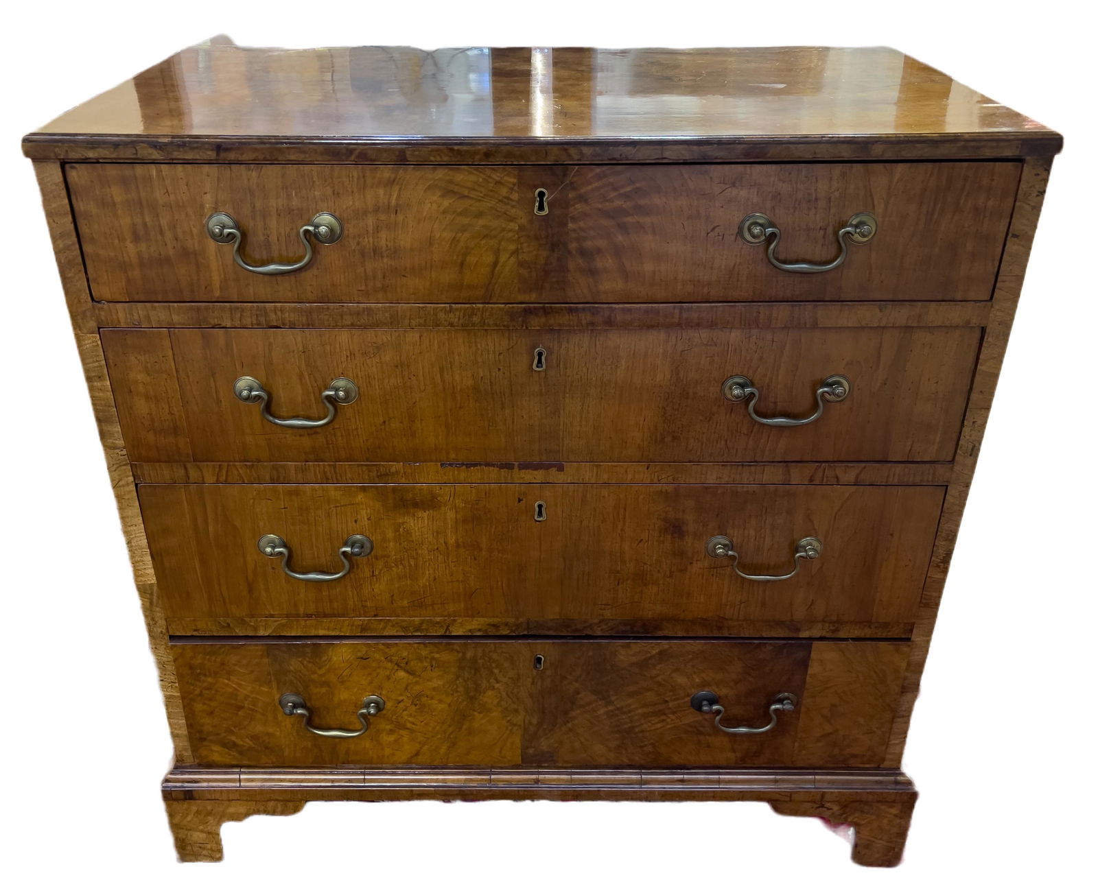 ENGLISH CARVED WALNUT CHEST OF DRAWERS, C. 1900, H 35.25", W 34.5" (1 of 9)