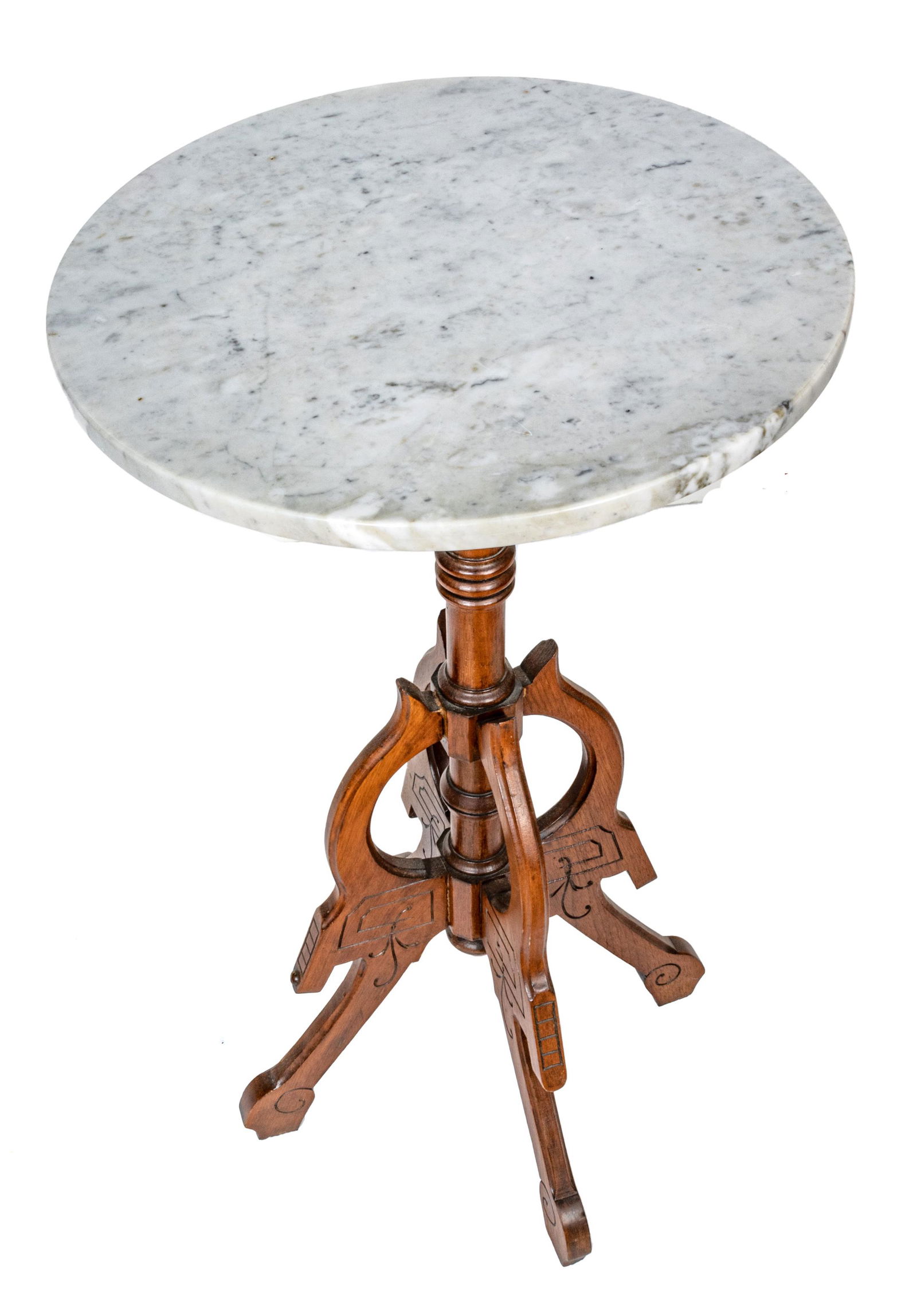 EASTLAKE STYLE MARBLE TOP, MAHOGANY TABLE, H 32", DIA 18" (1 of 3)