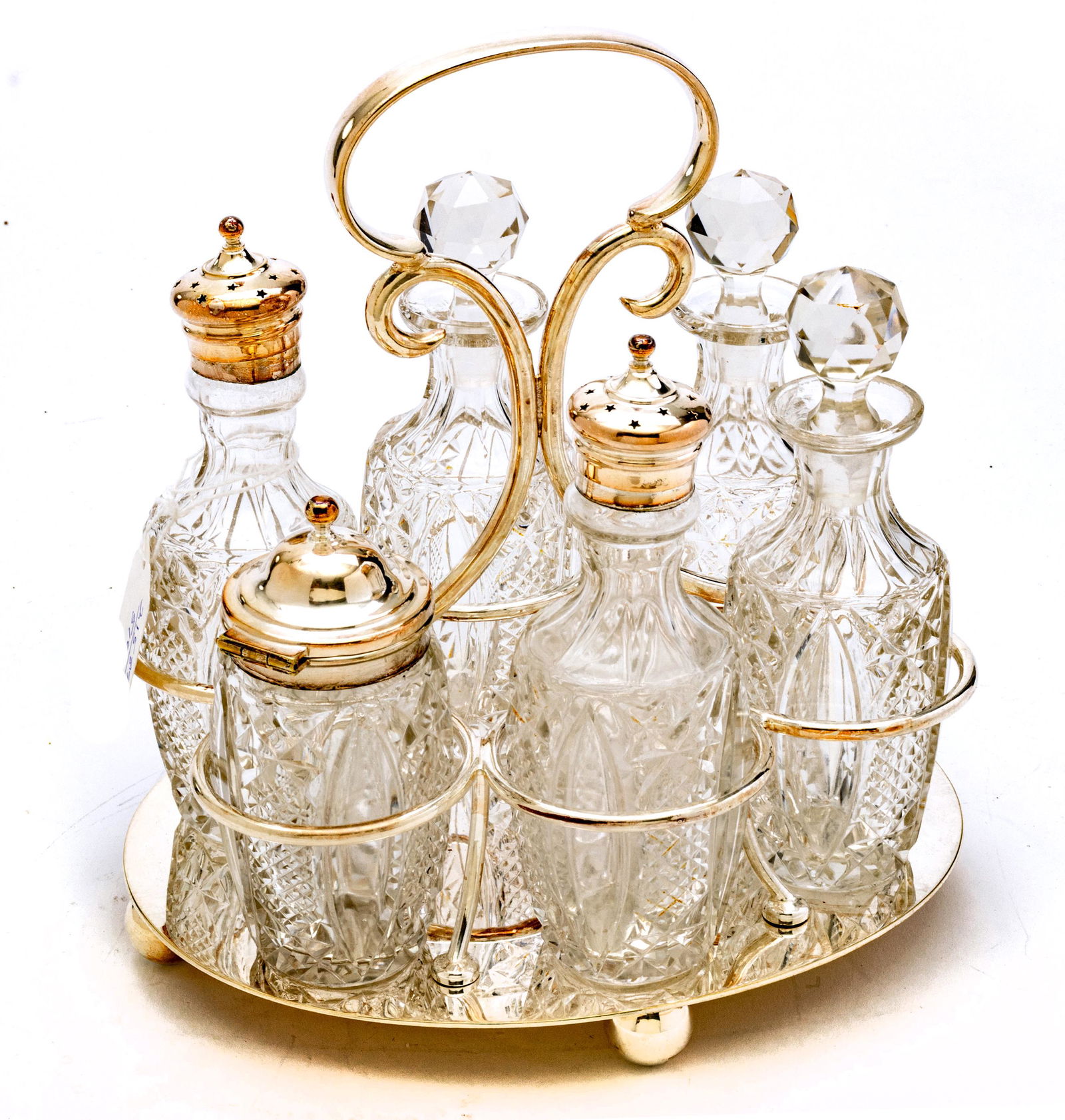 JAMES  DIXON, ENGLISH ELECTRO PLATE CRUET SET, CUT CRYSTAL BOTTLES H 9" L 7 1/2" (1 of 3)