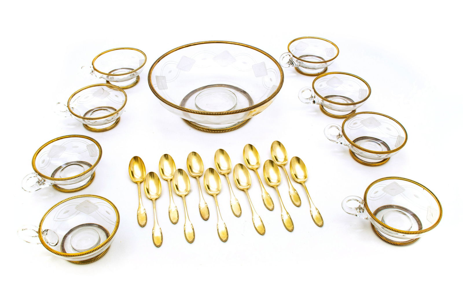 STERLING SILVER "925" AND   CRYSTAL DESSERT CUPS, BOWL AND SPOONS. 21 PCS DIA 9" T.W. 6.75 TOZ (1 of 4)