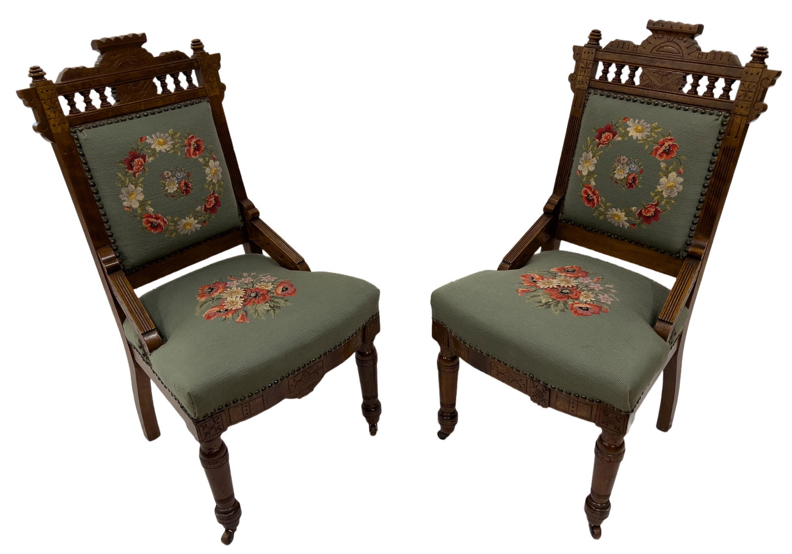 WALNUT AND NEEDLEPOINTE SIDE CHAIRS, C 1880 PAIR H 38" W 19" (1 of 7)