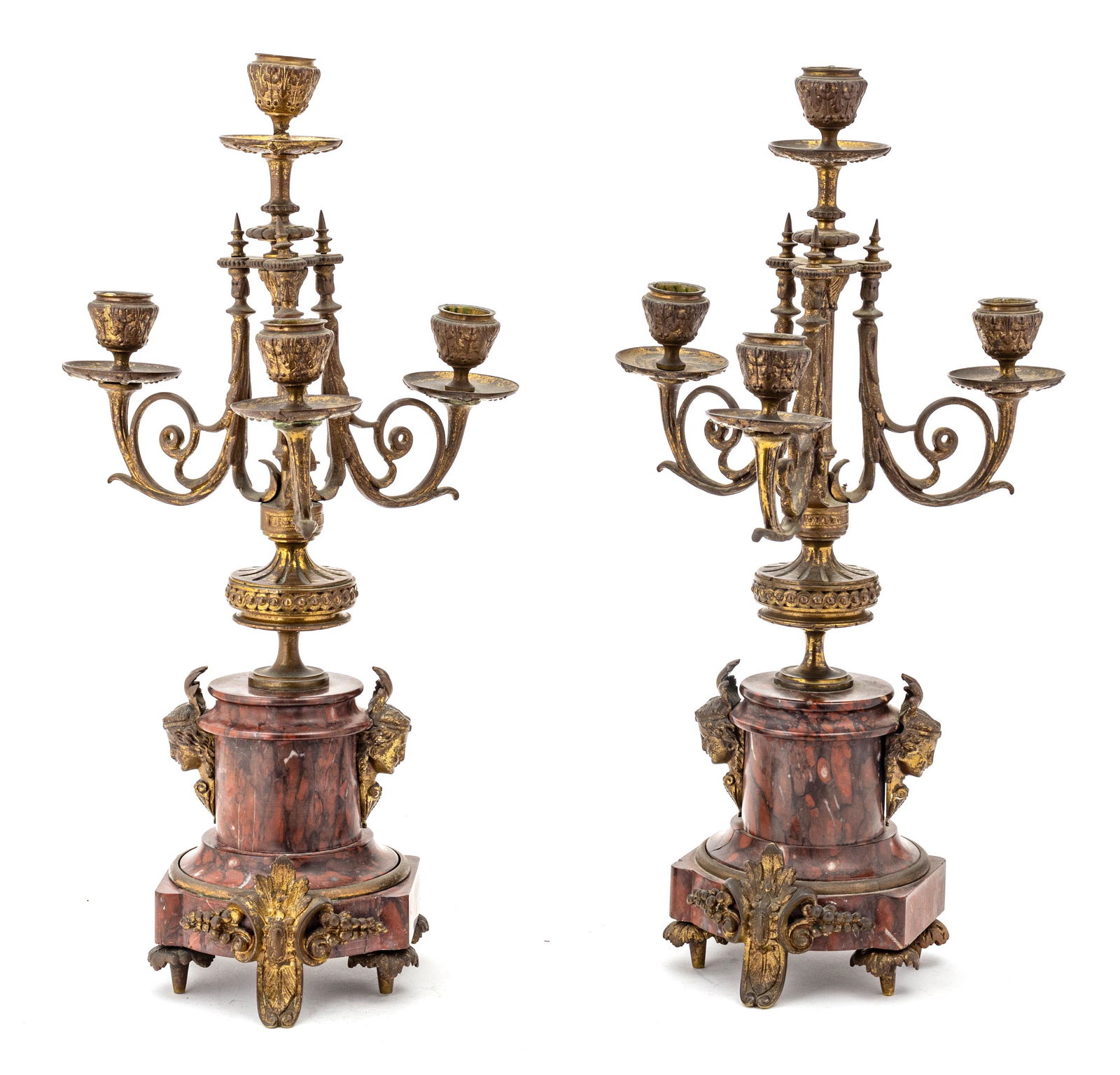 FRENCH BRONZE AND MARBLE  CANDELABRA, 19TH.C. PAIR H 18" (1 of 3)