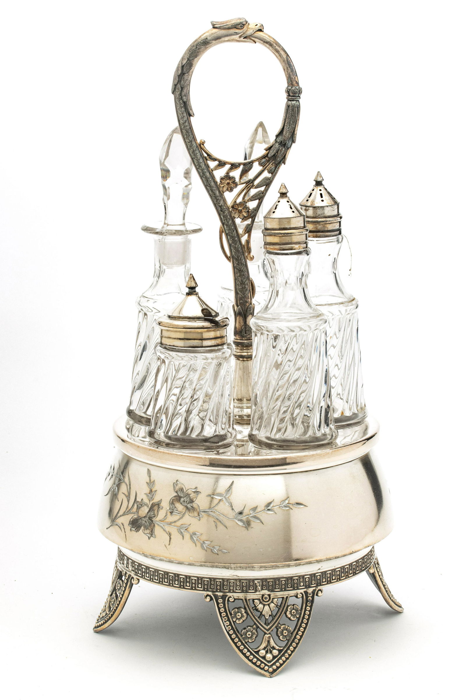 JAMES W. TUFTS, BOSTON, SHEFFIELD PLATE AND CRYSTAL CRUET SET C 1880 H 15" DIA 7" (1 of 2)