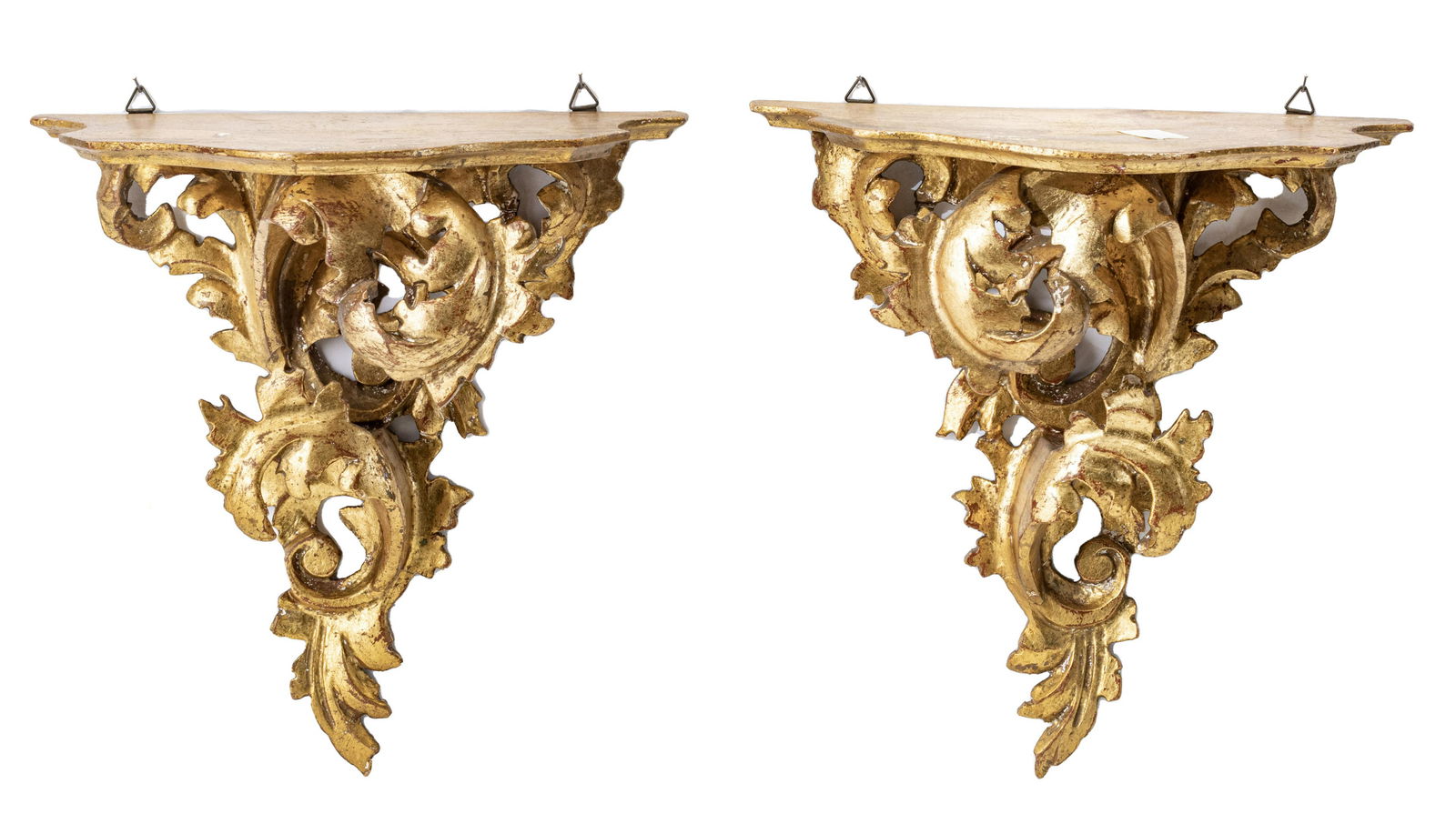 FLORENTINE GILT WOOD WALL SHELVES, PAIR, H 11", W 10.75" (1 of 3)