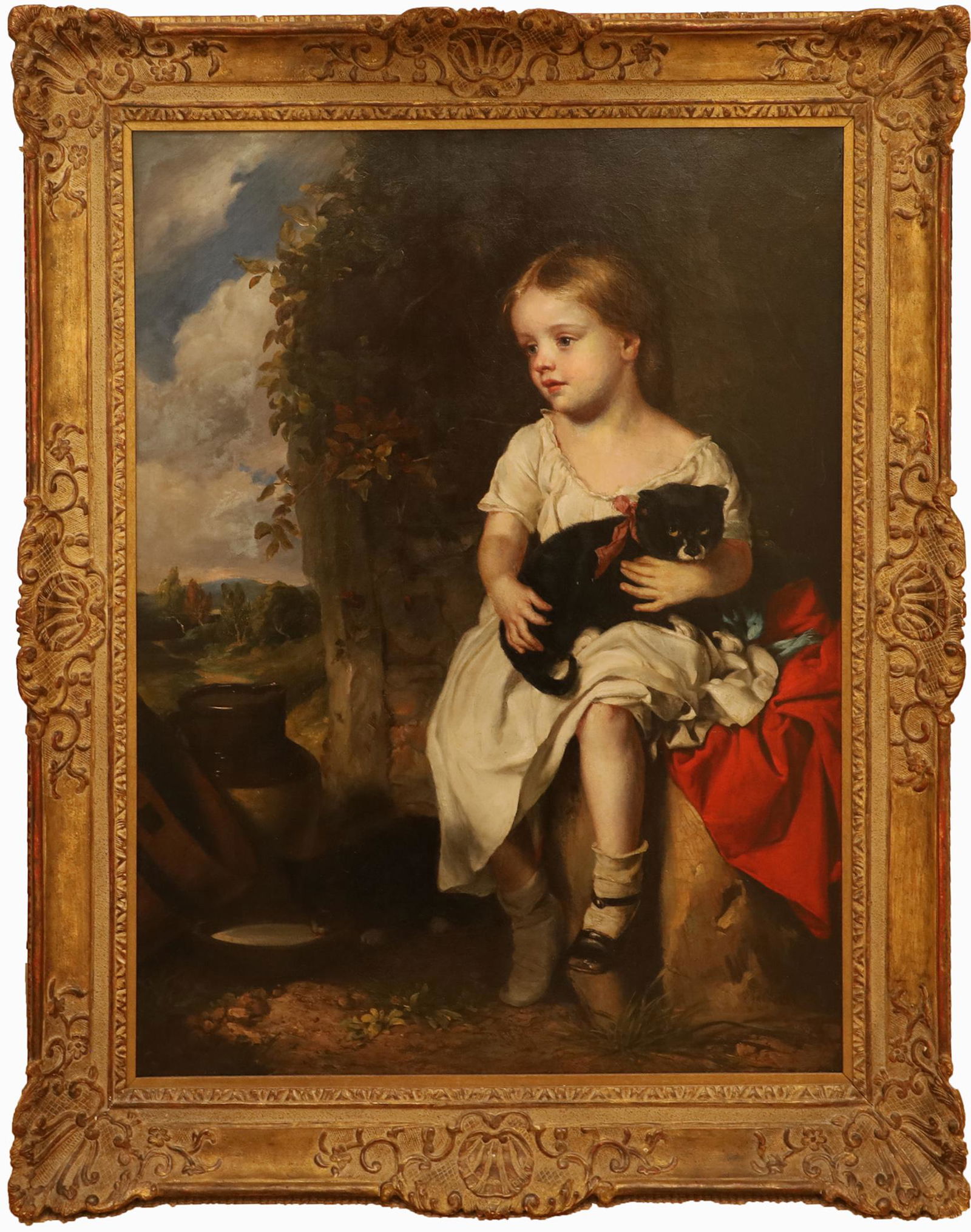 JOHN OPIE  (BRITISH, 1761-1807), OIL ON CANVAS,  H 36", W 28", PORTRAIT OF A YOUNG GIRL WITH A CAT (1 of 4)