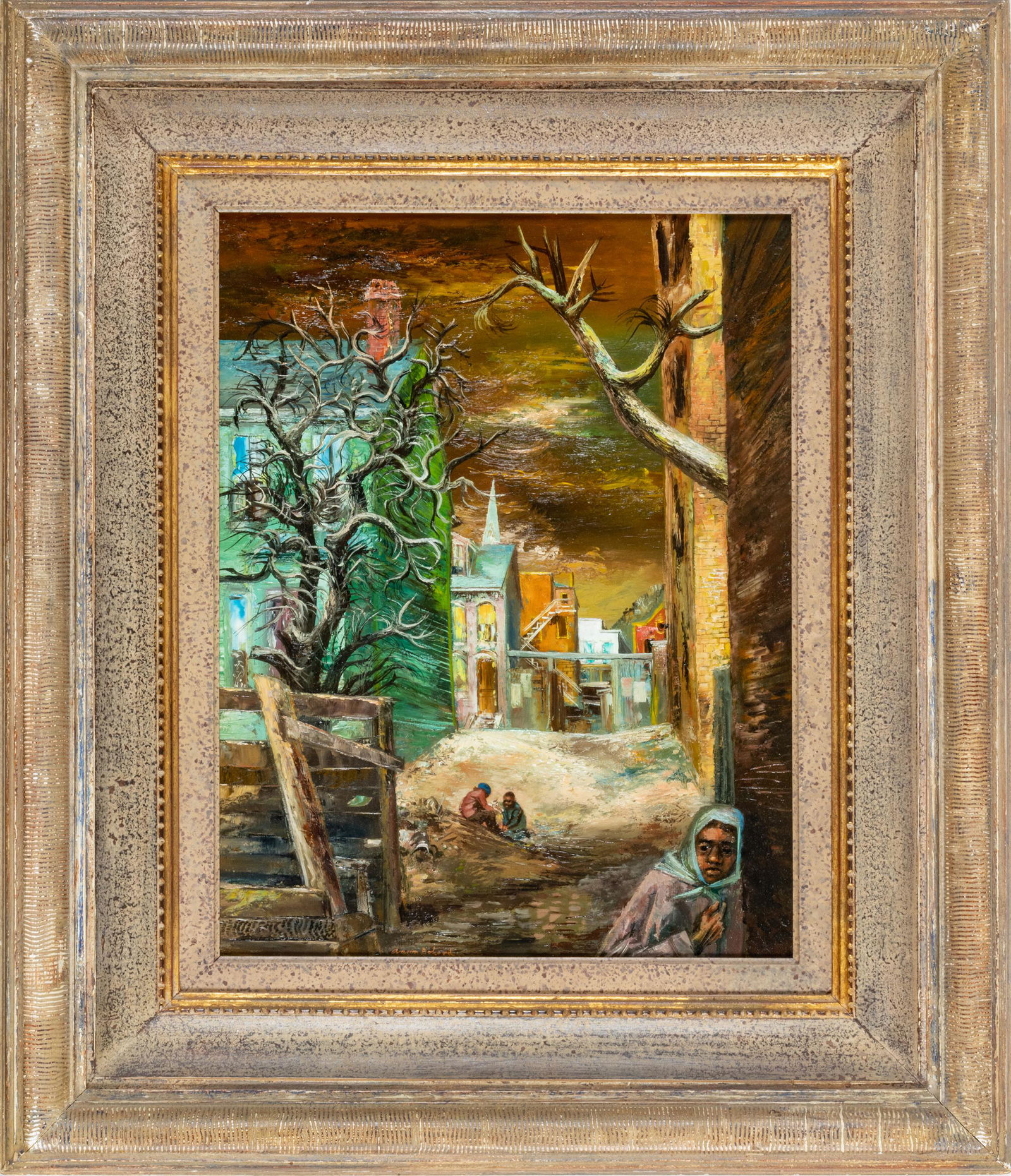 AARON BOHROD (AMERICAN 1907-1992) OIL ON MASONITE H 18.75" W 14.5" "ALLEYWAY, PITTSBURGH": AARON BOHROD (AMERICAN 1907-1992) OIL ON MASONITE H 18.75" W 14.5" "ALLEYWAY, PITTSBURGH" Paper tag mounted to verso that reads "Alleyway - Aaron Bohrod Oil On Gesso Panel $500 - return to: A.B. 432 .