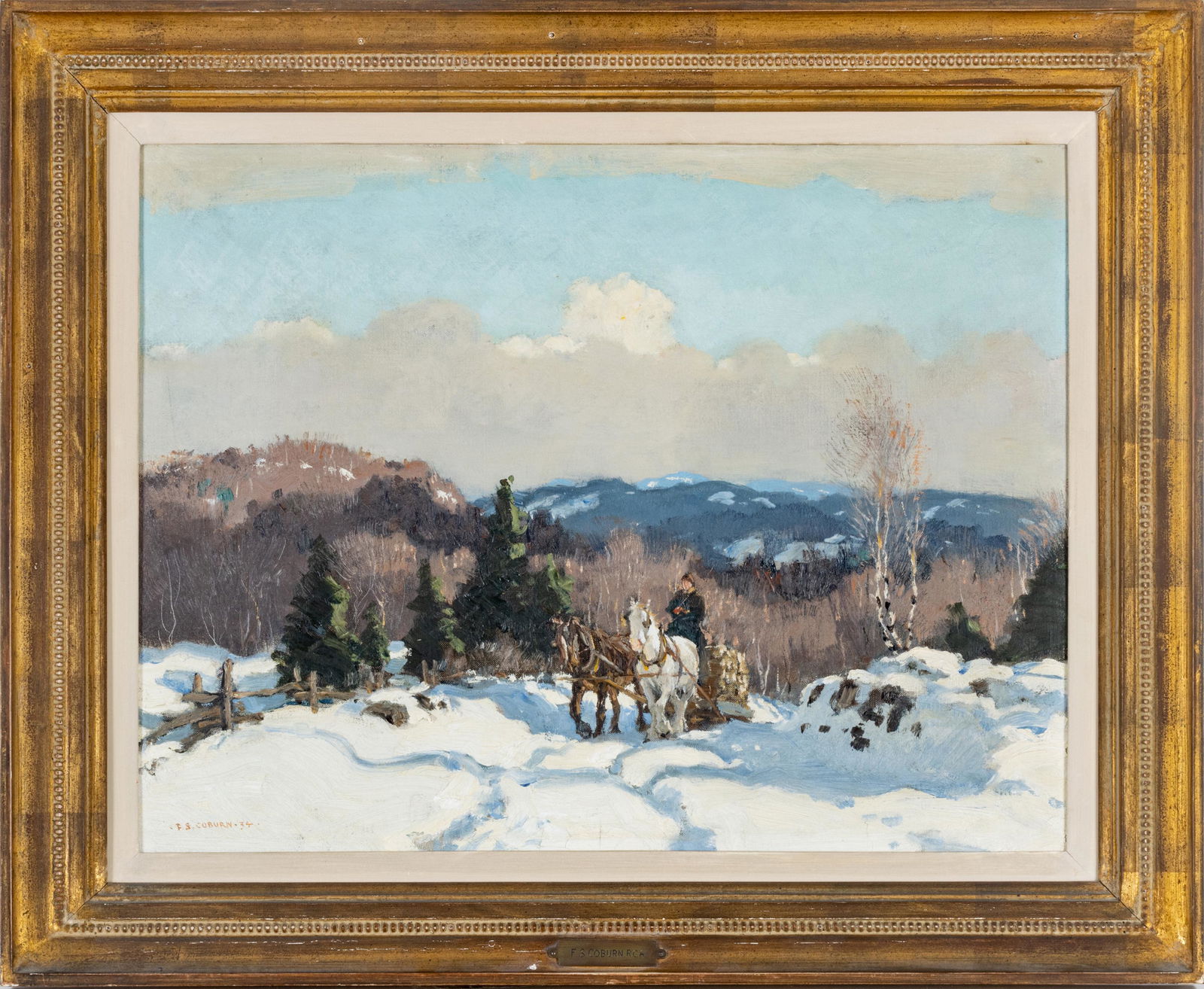 FREDERICK SIMPSON COBURN (CANADIAN, 1871-1960), OIL ON CANVAS, 1934, H 18", W 24", WINTER IN THE (1 of 5)