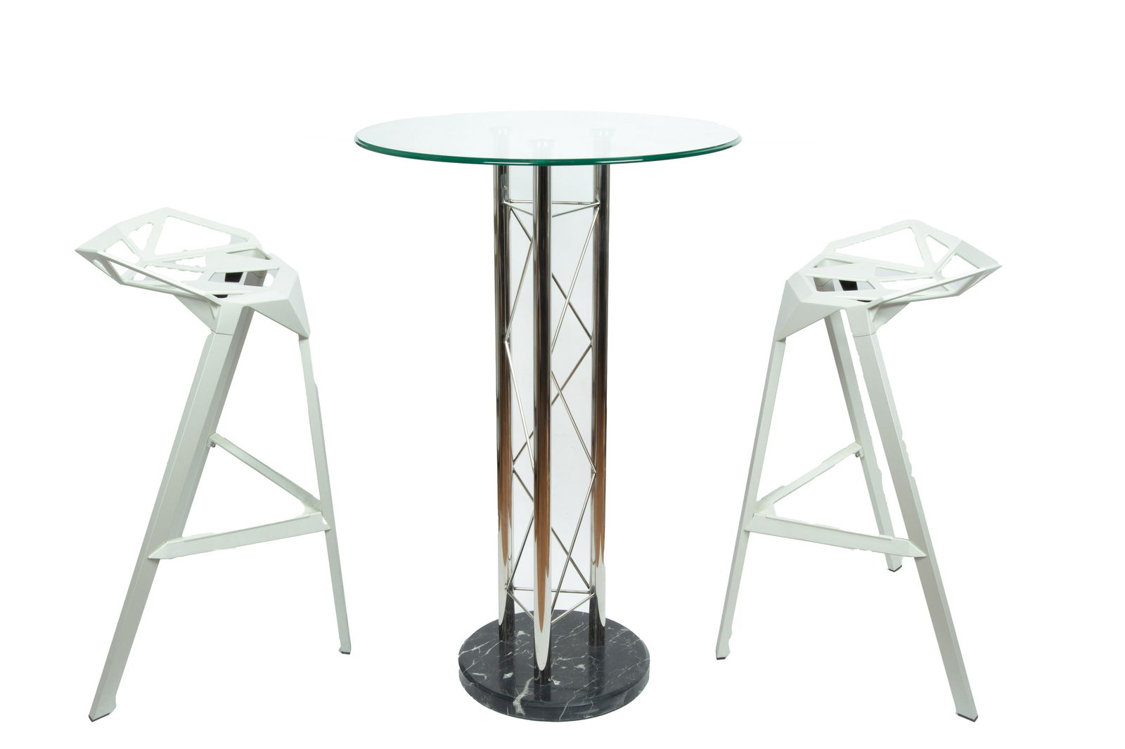 MODERN GLASS TOP BAR TABLE AND TWO STOOLS, H 40.25",  DIA 25.5" (TABLE) (1 of 6)