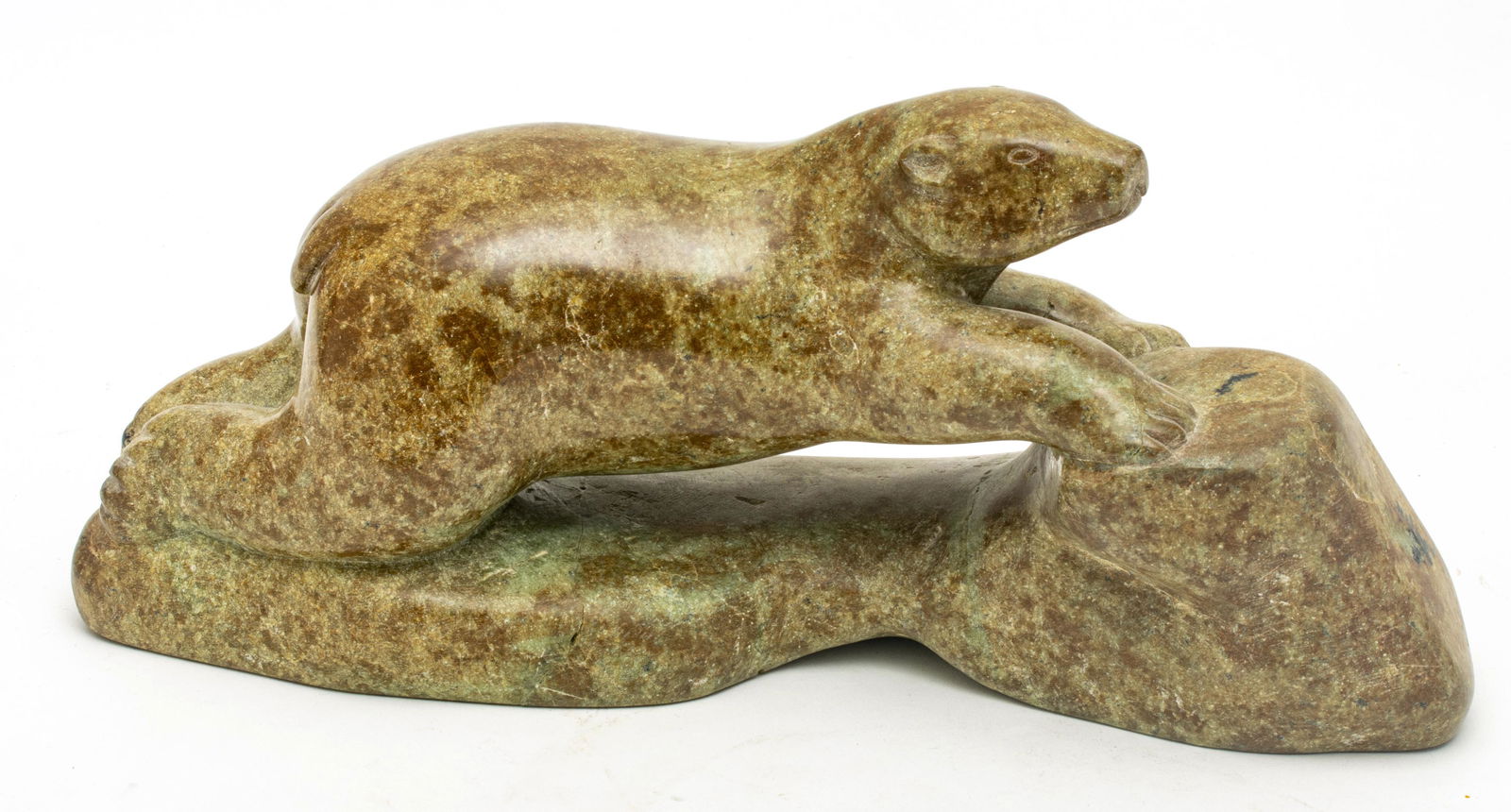 DAVIDEE ITULU (INUIT, 1929-2006) CARVED STONE SCULPTURE, 1974, H 5" L 11" D 3.5" BEAR (1 of 5)