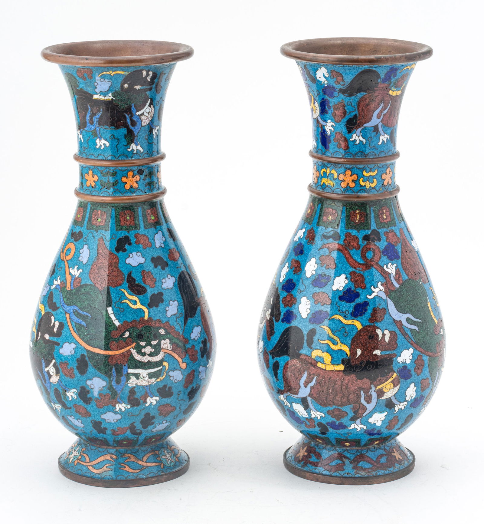 CHINESE COPPER AND ENAMEL CLOISONNE VASES 19TH.C. PAIR H 12" MYTHOLOGICAL ANIMAL MOTIF (1 of 5)