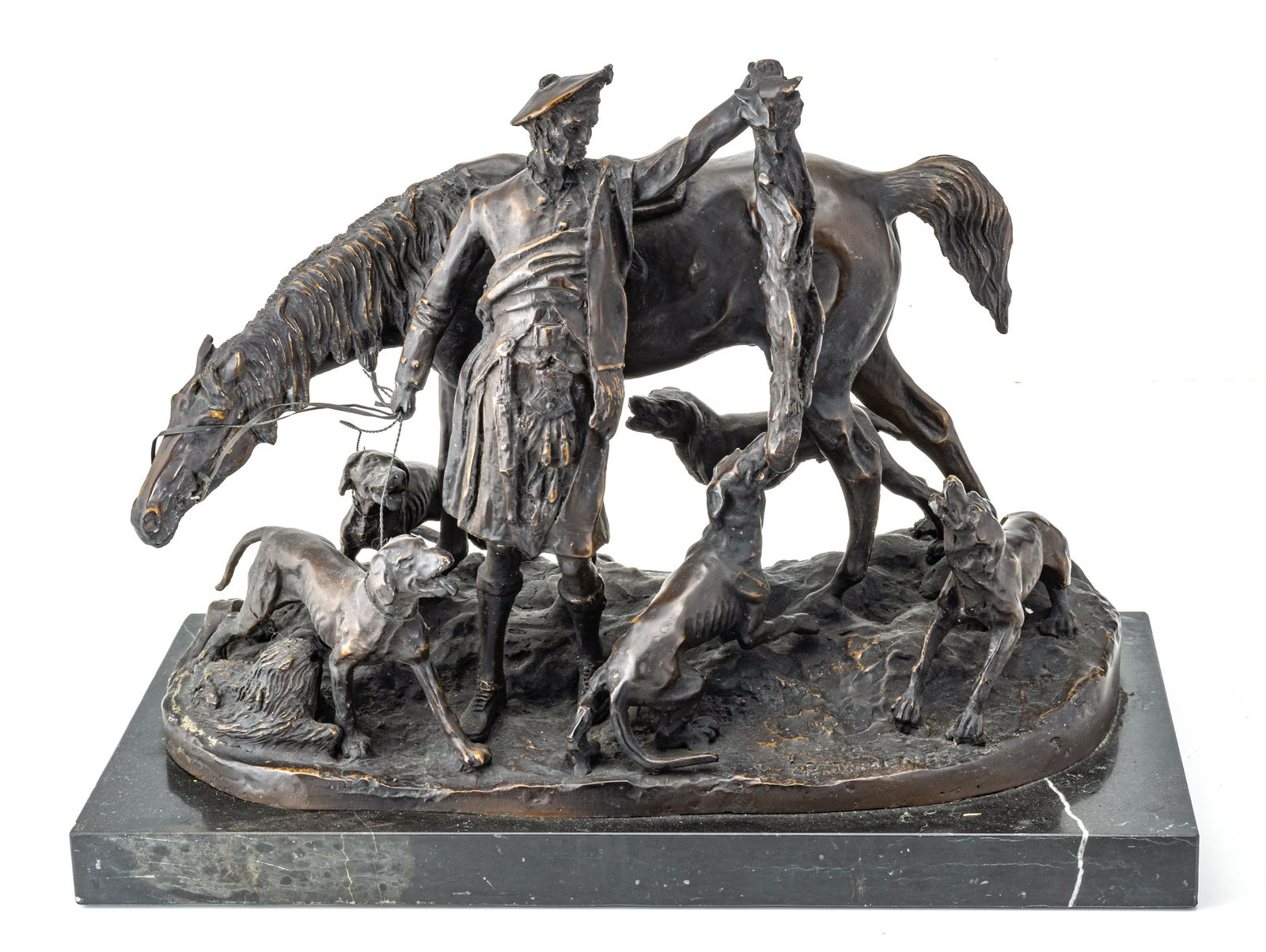 AFTER PIERRE JULES MENE (FRENCH, 1810-1879) BRONZE SCULPTURE, H 11", L 13.5", THE FOX HUNT (1 of 8)