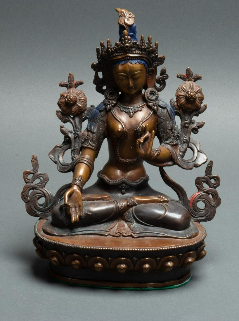 INDIAN COLD PAINTED BRONZE SCULPTURE, 20TH C, H 9", W 7", DEITY (1 of 4)
