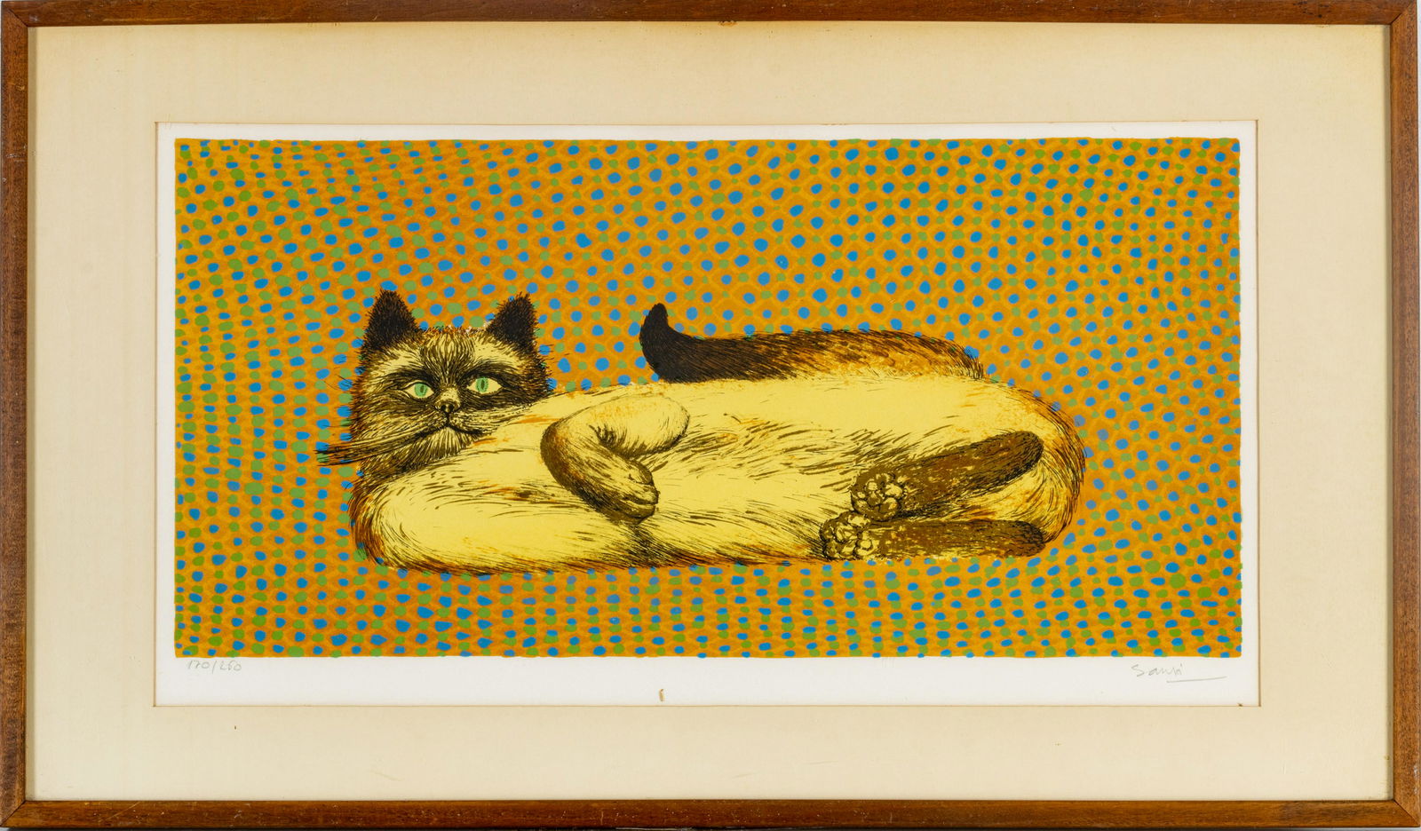 JUVENAL SANSO (PHILIPPINES, B. 1929) COLOR LITHOGRAPH ON PAPER, C. 1970, H 12", W 24", FAT CAT (1 of 4)