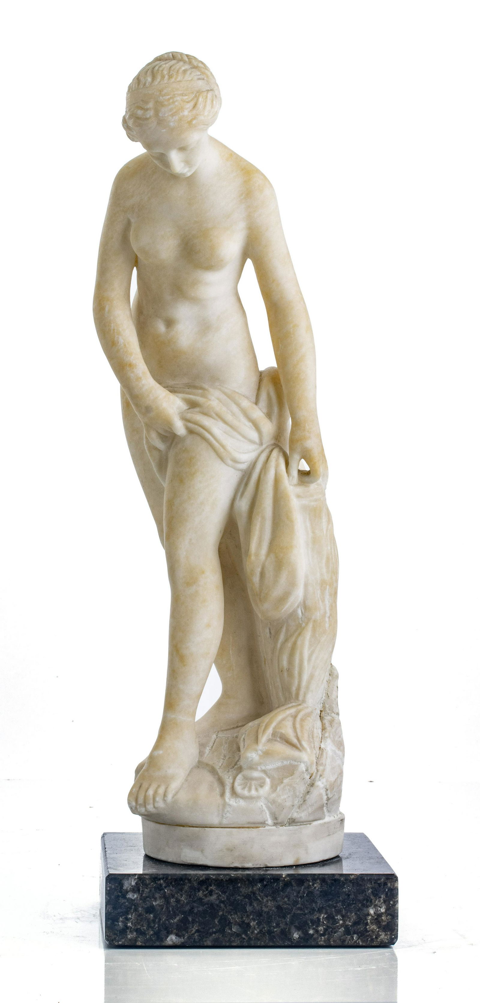ITALIAN CARVED ALABASTER SCULPTURE, H 14", W 4", VENUS: ITALIAN CARVED ALABASTER SCULPTURE, H 14", W 4", VENUS Marked 'Made in Italy' on the base. Accompanied with granite base measuring 1.25" in height.
