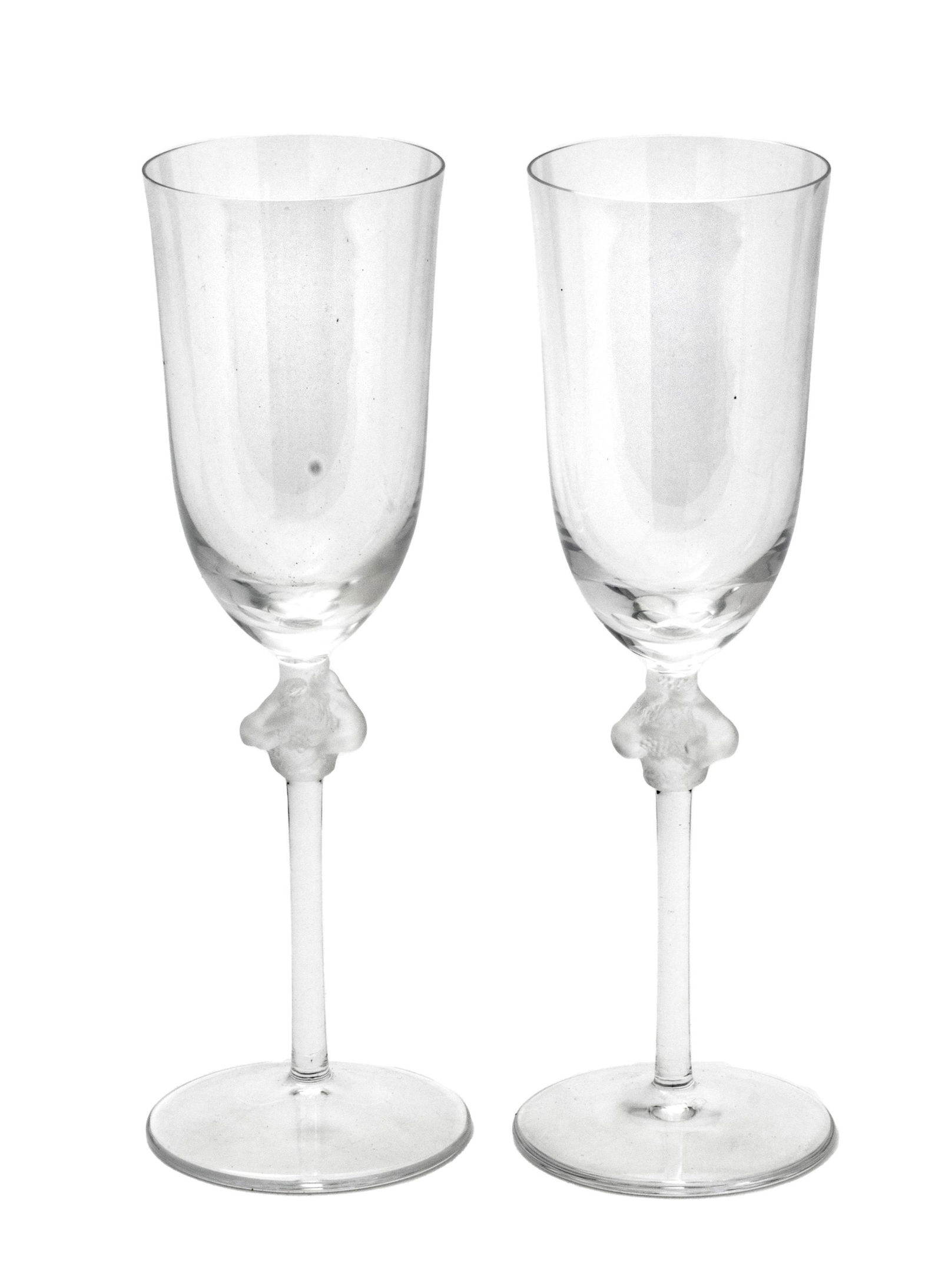 LALIQUE (FRANCE) 'ROXANE' PATTERN FROSTED AND CLEAR GLASS STEMWARE, PAIR, H 9", DIA 2.75" (1 of 4)