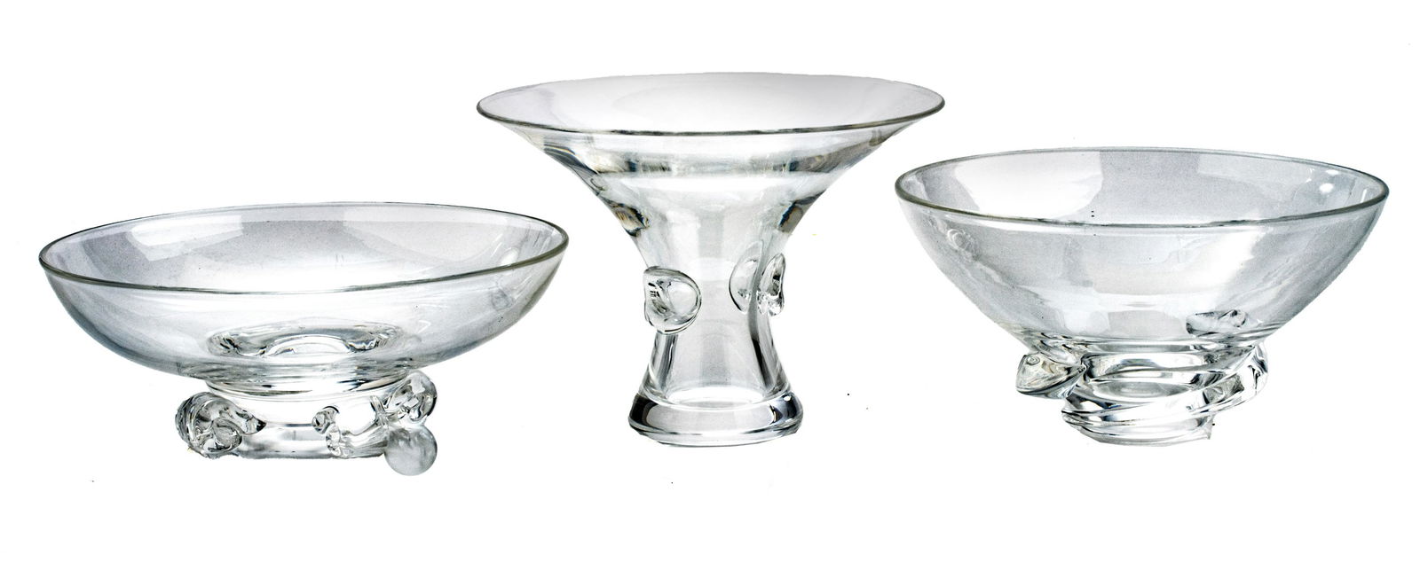 STEUBEN ART GLASS (2)BOWLS AND (1)VASE H 2.75", 3.5", 4.75" DIA 7.75", 7", 6.75" (1 of 5)