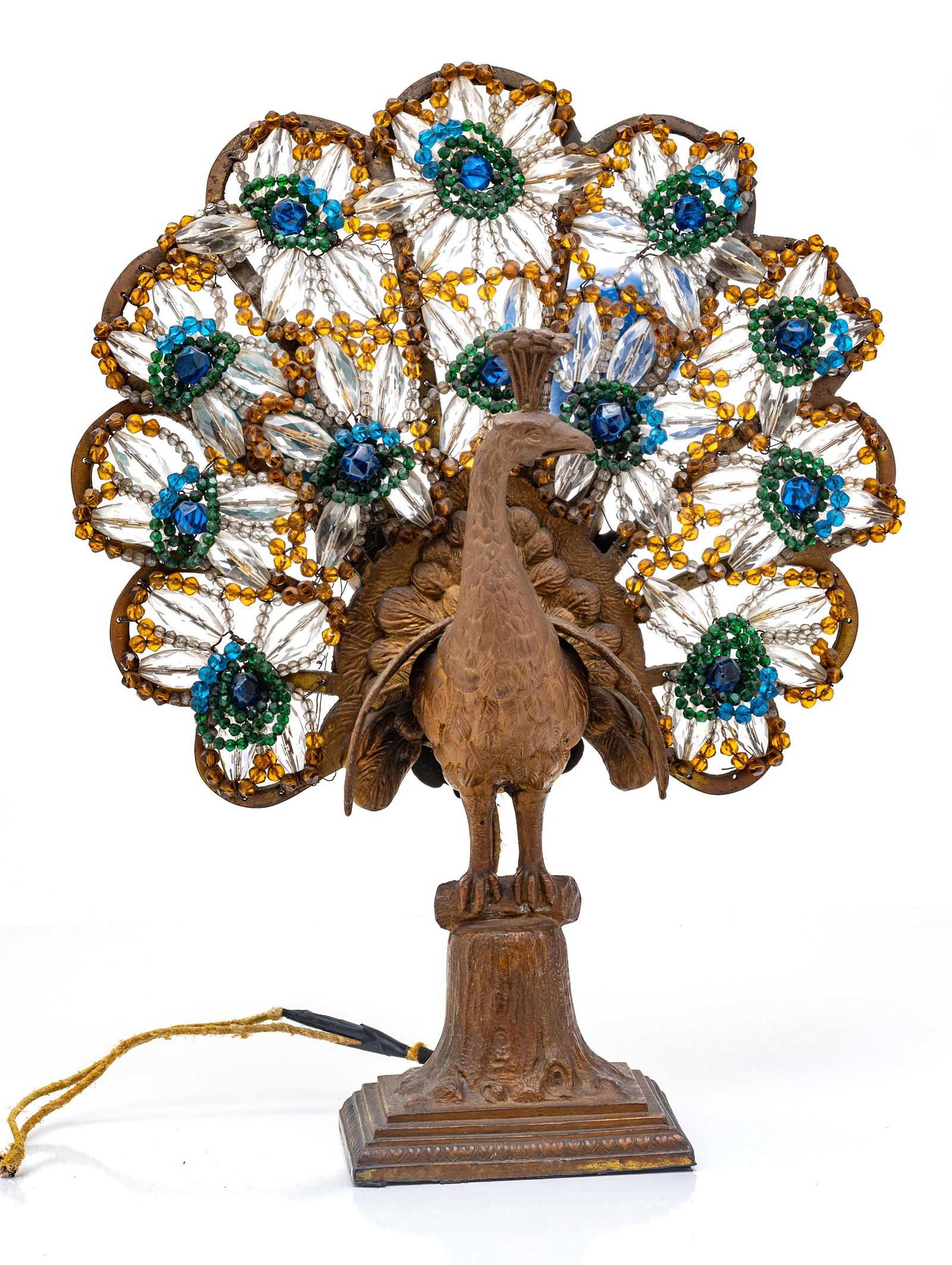 CZECHOSLOVAKIAN, ART DECO, BEADED GLASS AND METAL PEACOCK TABLE LAMP, H 16", W 12.5", D 4" (1 of 4)