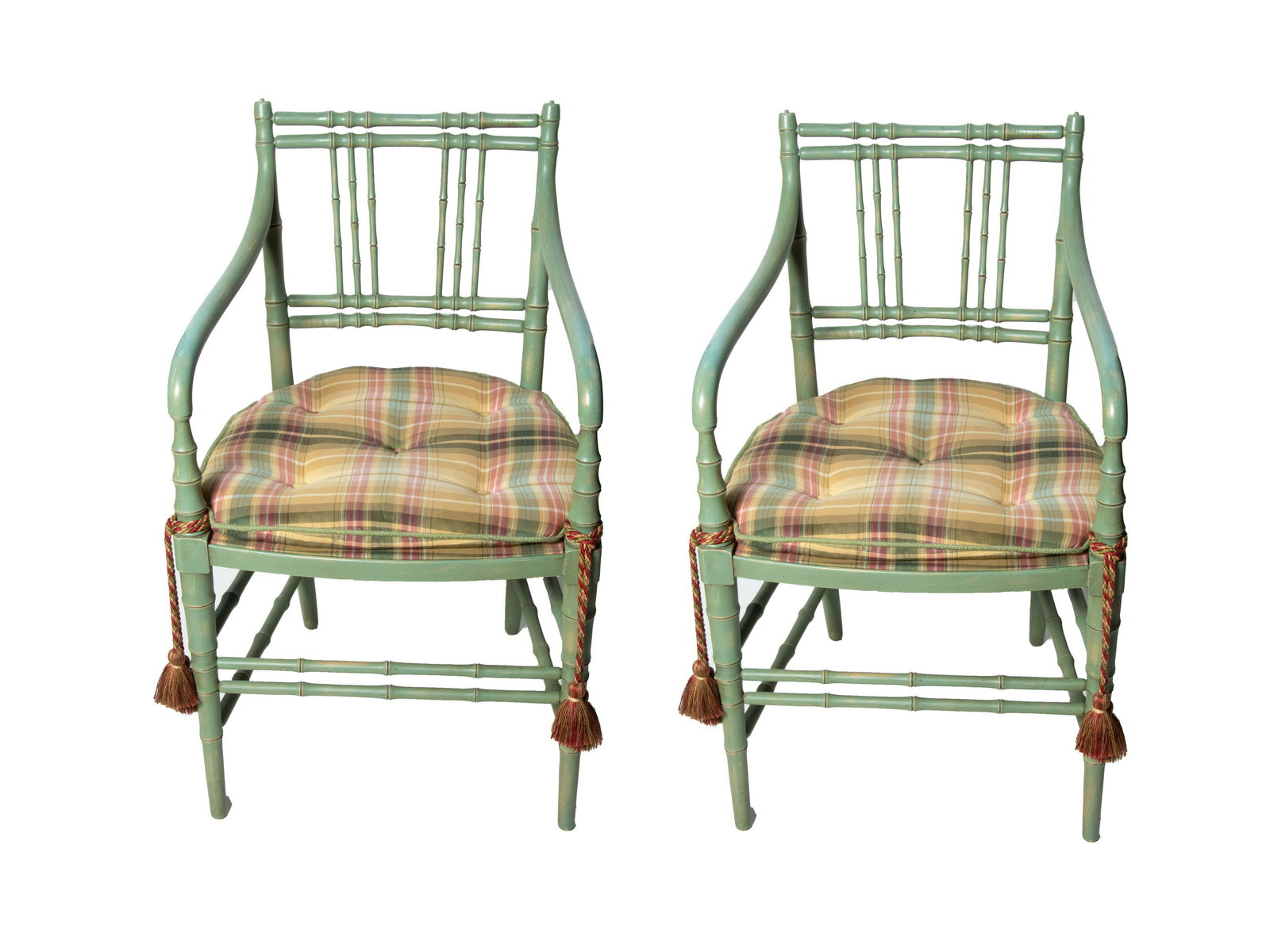 PAIR OF PAINTED BAMBOO STYLE UPHOLSTERED ARM CHAIRS, H 34.5", L 20", D 18" (1 of 7)