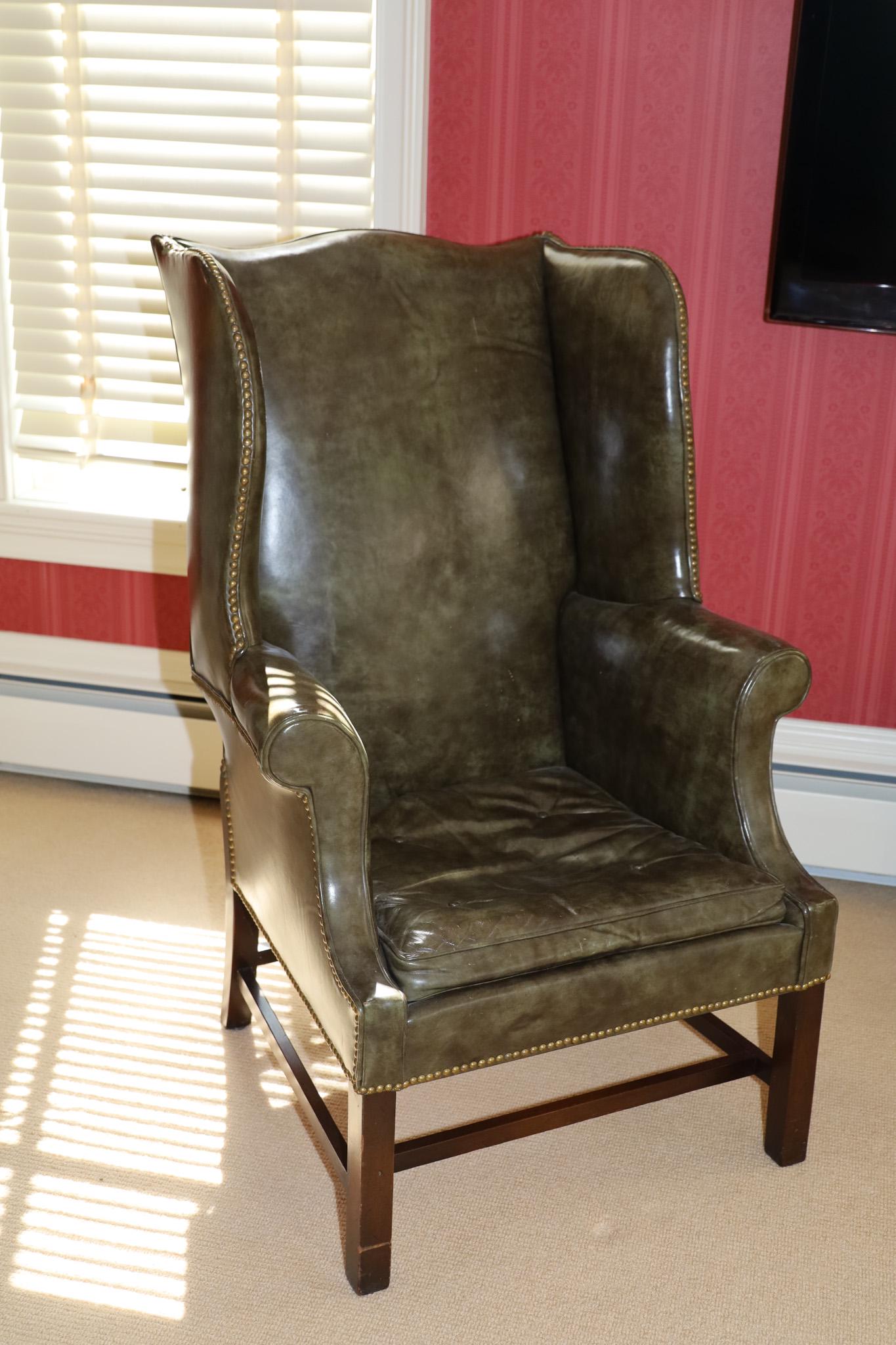 HICKORY CHAIR COMPANY, GREEN LEATHER AND CARVED MAHOGANY WINGBACK CHAIR,  H 45", W 30", D 31" (1 of 2)