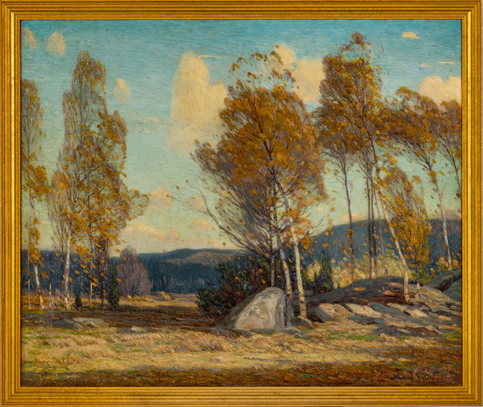 GUSTAVE WIEGAND (AMERICAN, 1886-1973) OIL ON CANVAS, H 25", W 30", ROCKY LANDSCAPE WITH TREES (1 of 3)