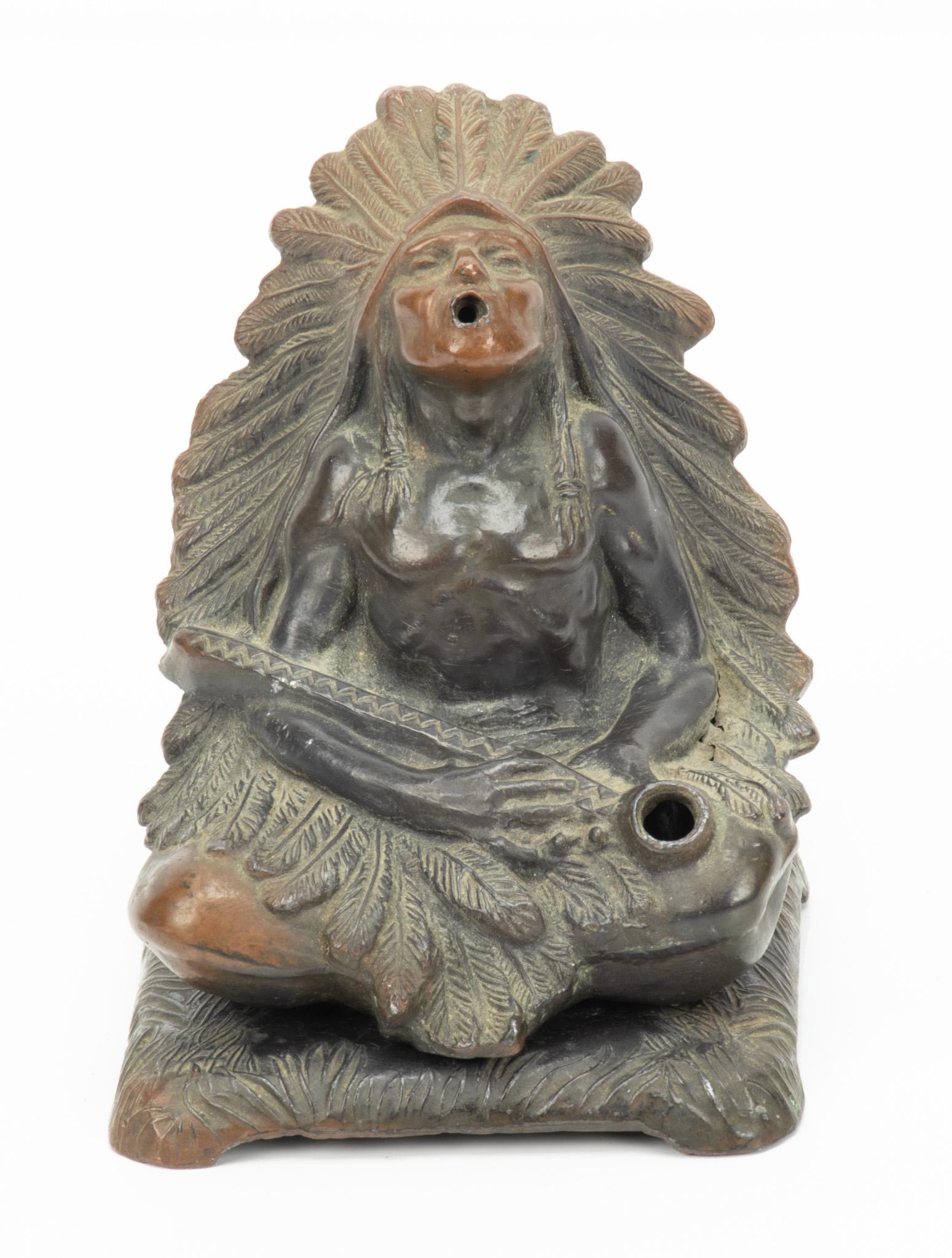 NATIVE AMERICAN STYLE BRONZE PATINATED METAL INCENSE BURNER, H 4", W 3" (1 of 5)