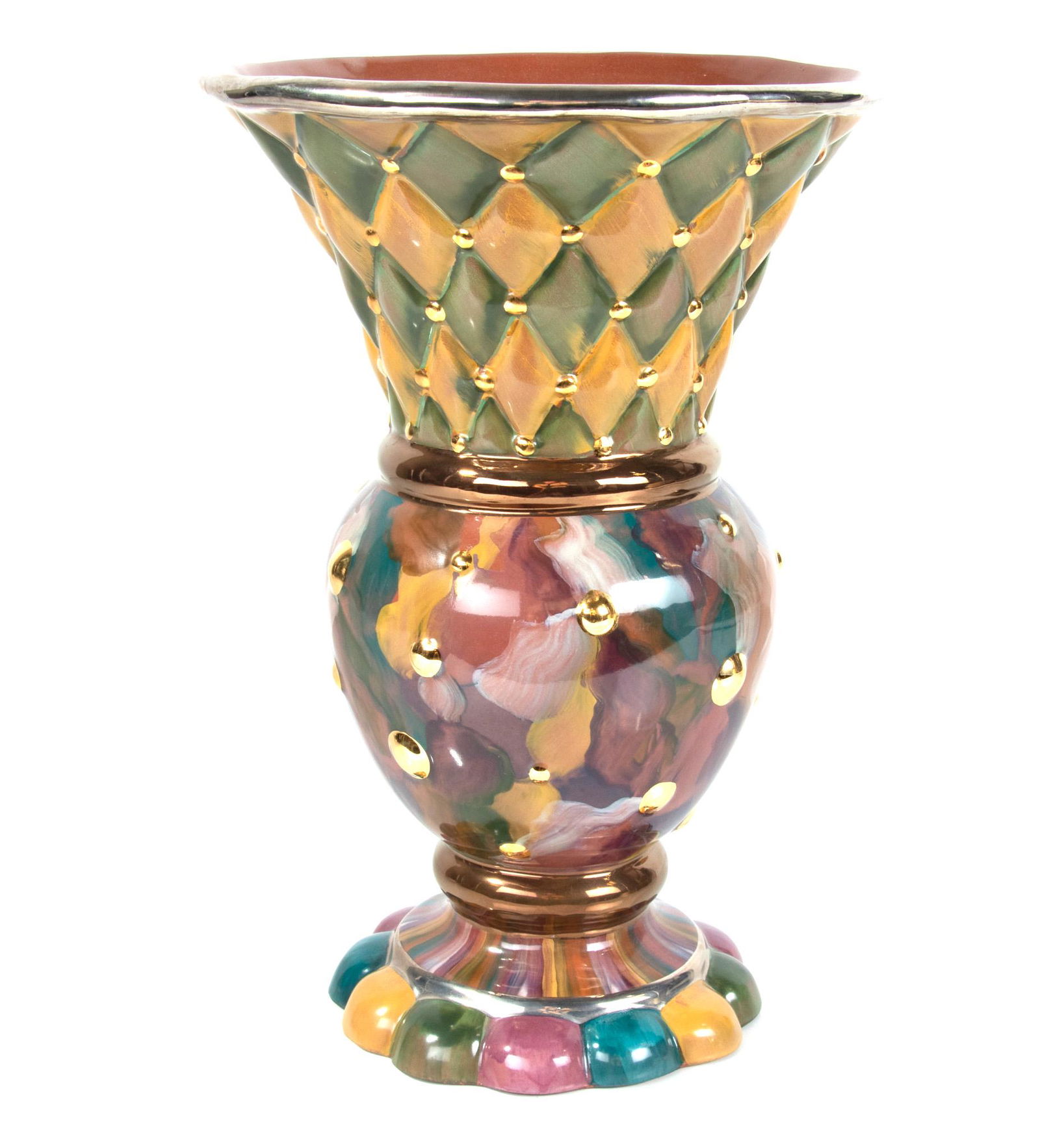 MACKENZIE-CHILDS GLAZED TERRACOTTA URN, H 12", DIA 8" (1 of 4)