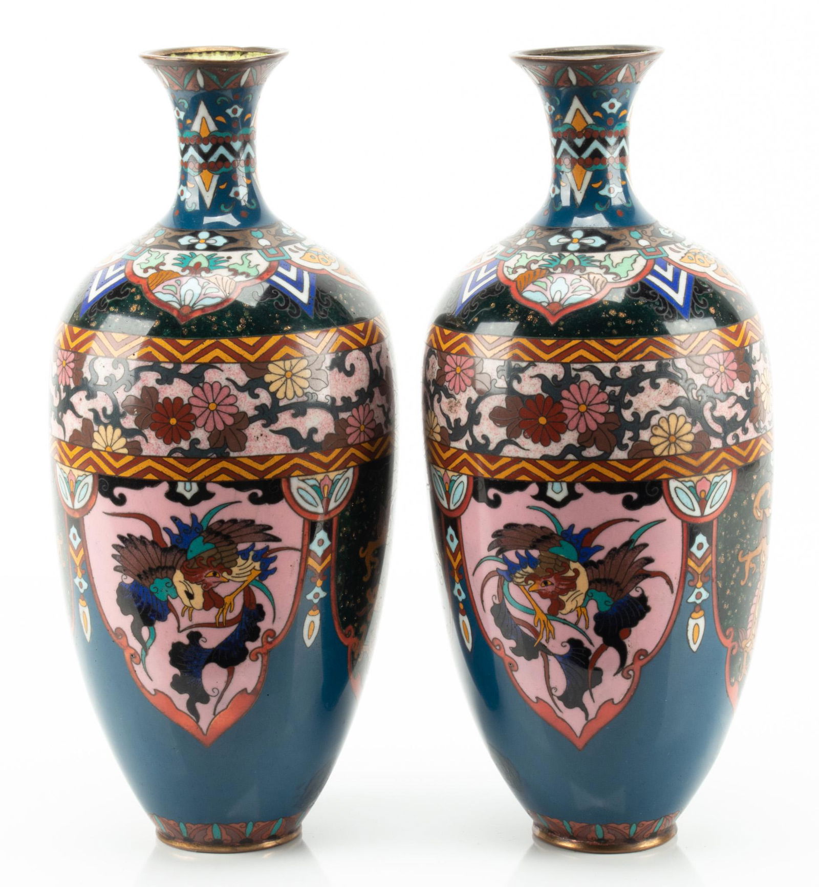 JAPANESE LATE MEIJI PERIOD CLOISONNE ENAMELED VASES, 19TH.C. PAIR, H 12" DIA 5" (1 of 4)