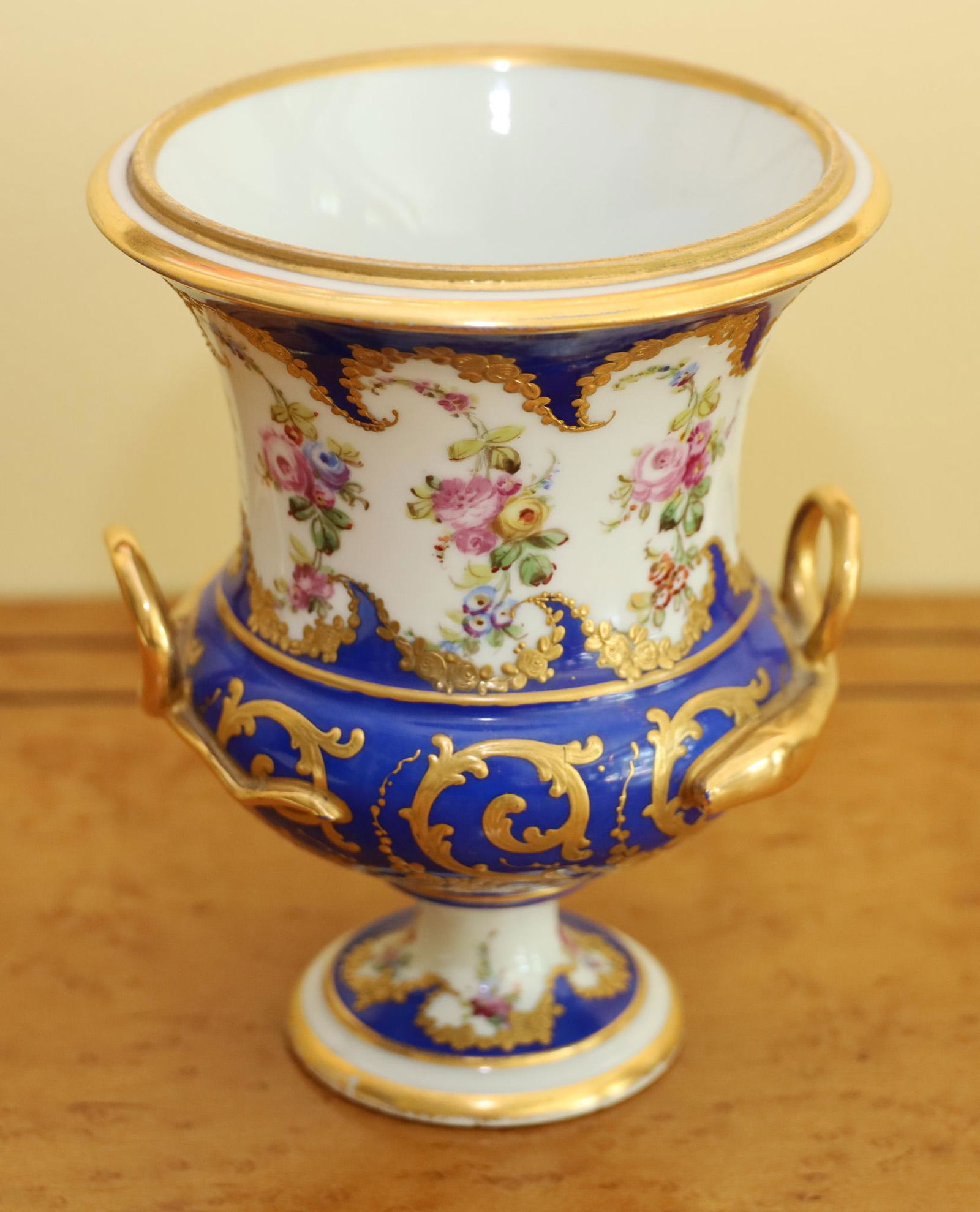 FRENCH PORCELAIN DOUBLE HANDLED URN,  H 7", DIA 5.5" (1 of 3)