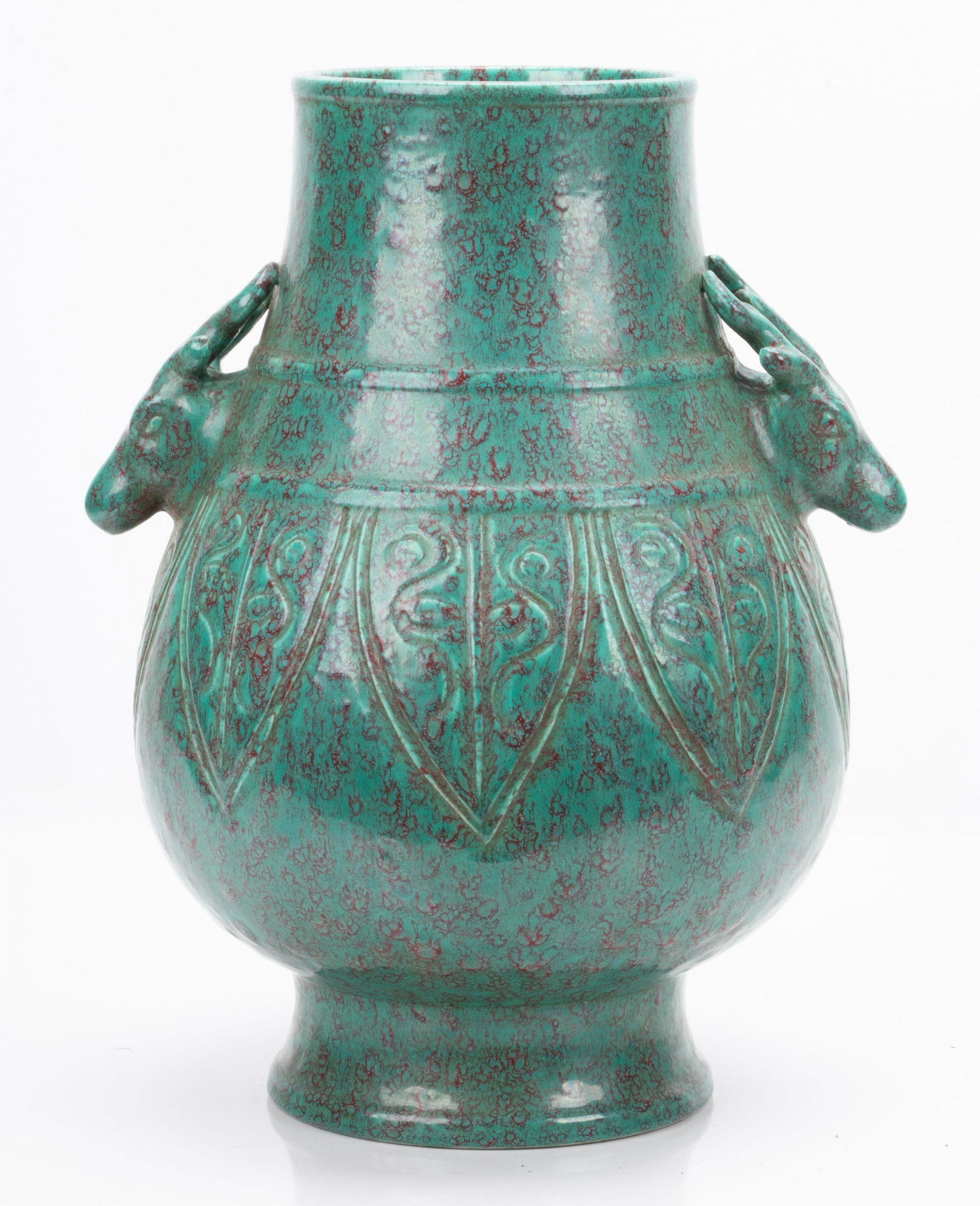 CHINESE GLAZED PORCELAIN VASE, H 12", DIA 9": CHINESE GLAZED PORCELAIN VASE, H 12", DIA 9" A Chinese glazed porcelain vase. Offers two deer form handles on the shoulders with geometric motifs in the round. Calligraphic marks impressed in relief t