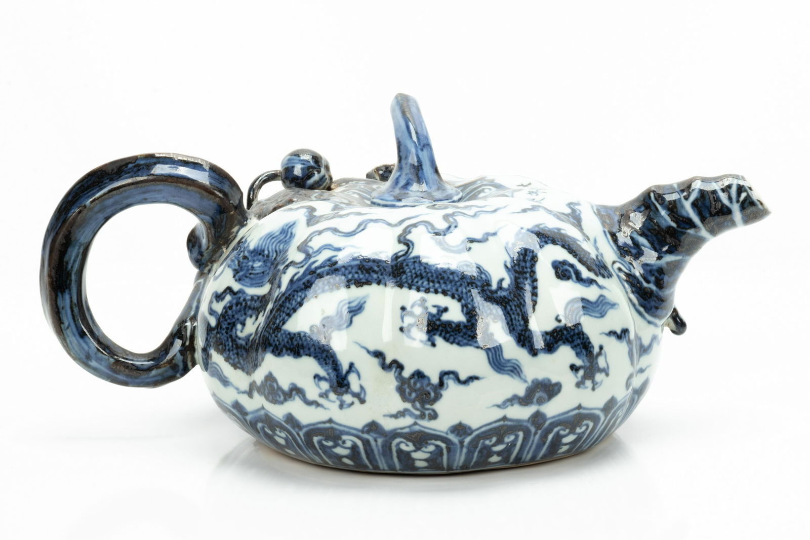 CHINESE BLUE & WHITE PORCELAIN GOURD FORM TEAPOT, H 6", L 13" (1 of 6)