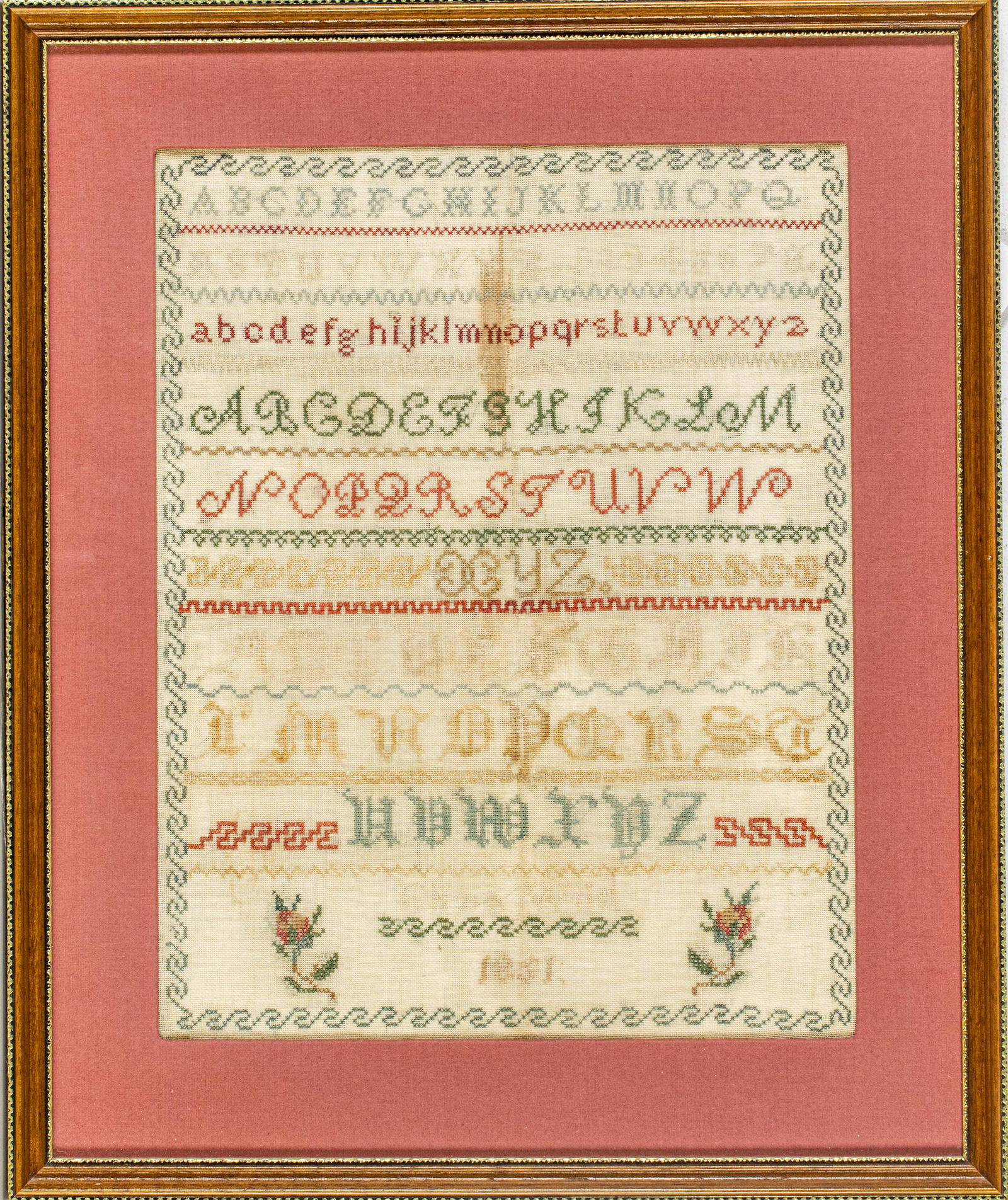 NEEDLEWORK SAMPLER ON LINEN BY ELIZA WILD, C 1861 H 15" W 12" (1 of 4)