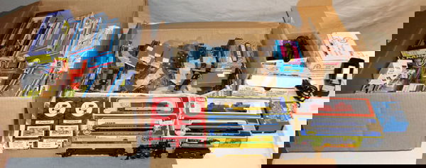 'HO' GAUGE TOY ELECTRIC TRAIN SET: HO GAUGE TOY ELECTRIC TRAIN SET, C. 1980, 150 + PCS.:includes various freight cars (15+), engines, track, switches, scenery items, trestles, wiring and 4 transformers. Many pieces with original boxes.