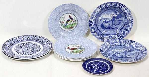 ENGLISH BLUE & WHITE EARTHENWARE BOWL & PLATES: ENGLISH BLUE & WHITE EARTHENWARE BOWL & PLATES, TEN, DIA 6" - 10":Including 2 "Persian" pattern plates by Thomas G. Booth, c. 1876-1883, Dia. 10 1/2"; 2 Spode pieces with identical pattern of a Chines