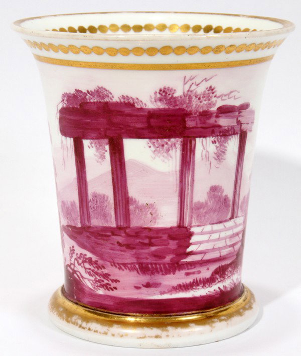MINTON HAND PAINTED PORCELAIN VASE C. 1800-1830: MINTON HAND PAINTED PORCELAIN VASE, C. 1800-1830, H 3", DIA 3":Having a hand painted classical style landscape motif and gilt accents at the interior, rim and around the foot. Marked with an "M" brack