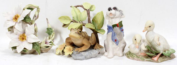 CYBIS BISQUE FIGURINES SINGING DOG, FROG AND: CYBIS BISQUE FIGURINES SINGING DOG, FROG, DUCKS AND FLOWERS, 4 PCS., H 5" - 6":includes: singing dog holding song book, 6 1/2" H., frog on a rock, 6" H., two ducks, 5" H. and flowers, 6" H.