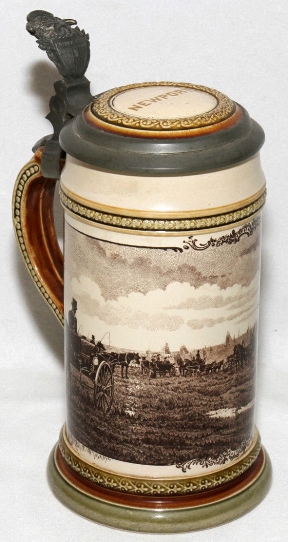 VILLEROY & BOCH, METTLACH, EARTHENWARE STEIN,: VILLEROY & BOCH, METTLACH, 'NEWPORT' EARTHENWARE STEIN, 1895, H 8":Brown stenciled scene of gentleman and ladies with carriages watching a regatta with a pewter thumb lift depicting an eagle and the U